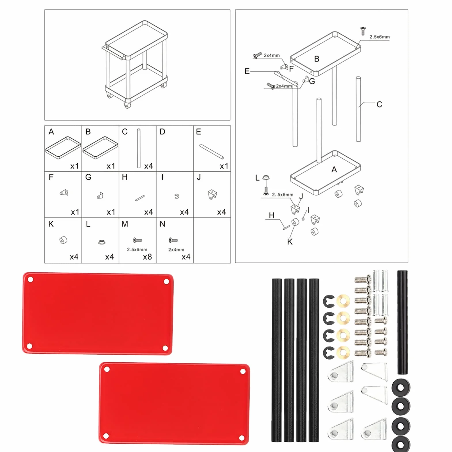 Mini wózek narzędziowy, 2-poziomowy wózek do przechowywania narzędzi, mobilny warsztat, naprawa garażu, akcesoria do modelu w skali 1/8, 1/10, 1/12, 1/16, czerwony