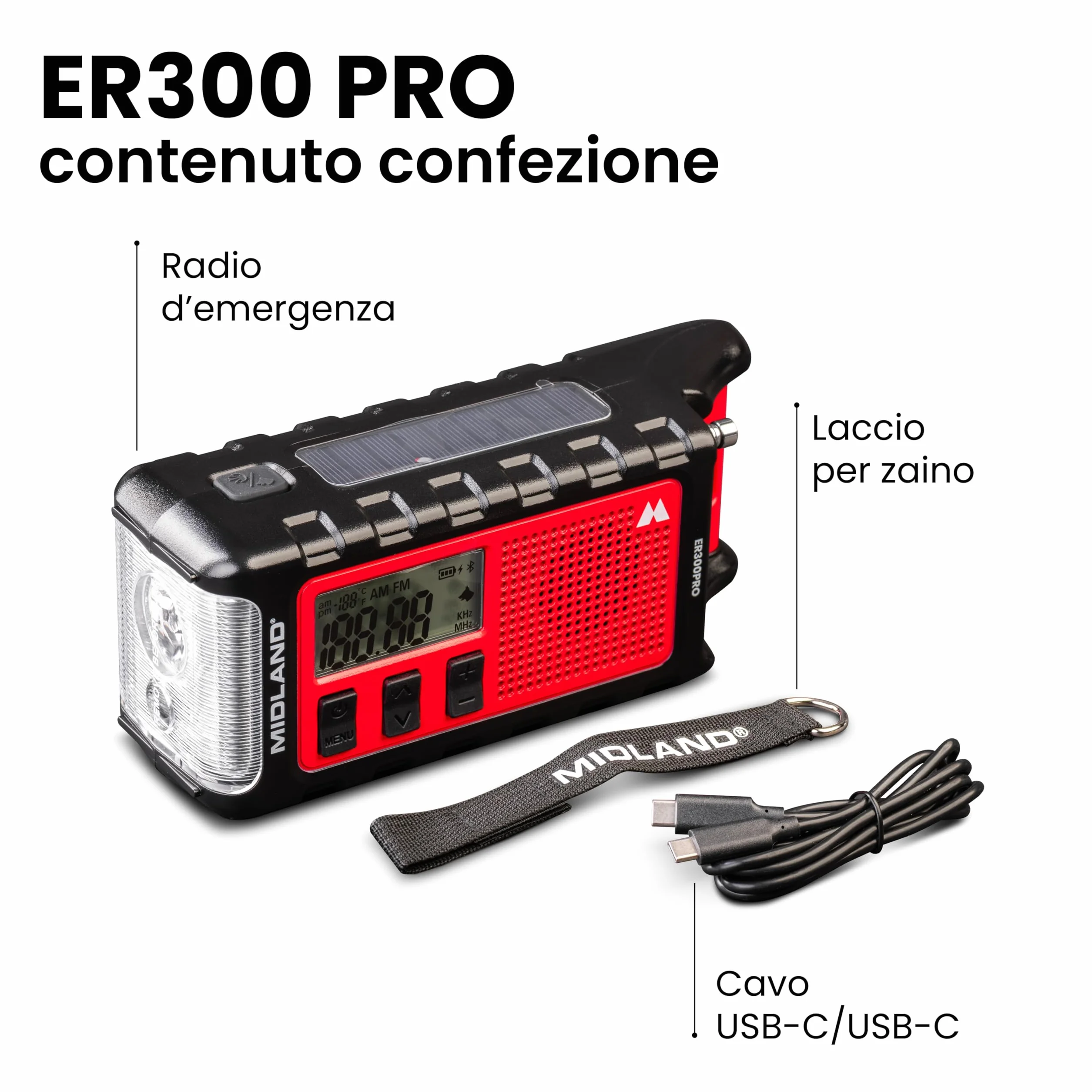 Midland ER300 Pro radio awaryjne AM/FM z baterią USB-C 10000 mAh Bluetooth