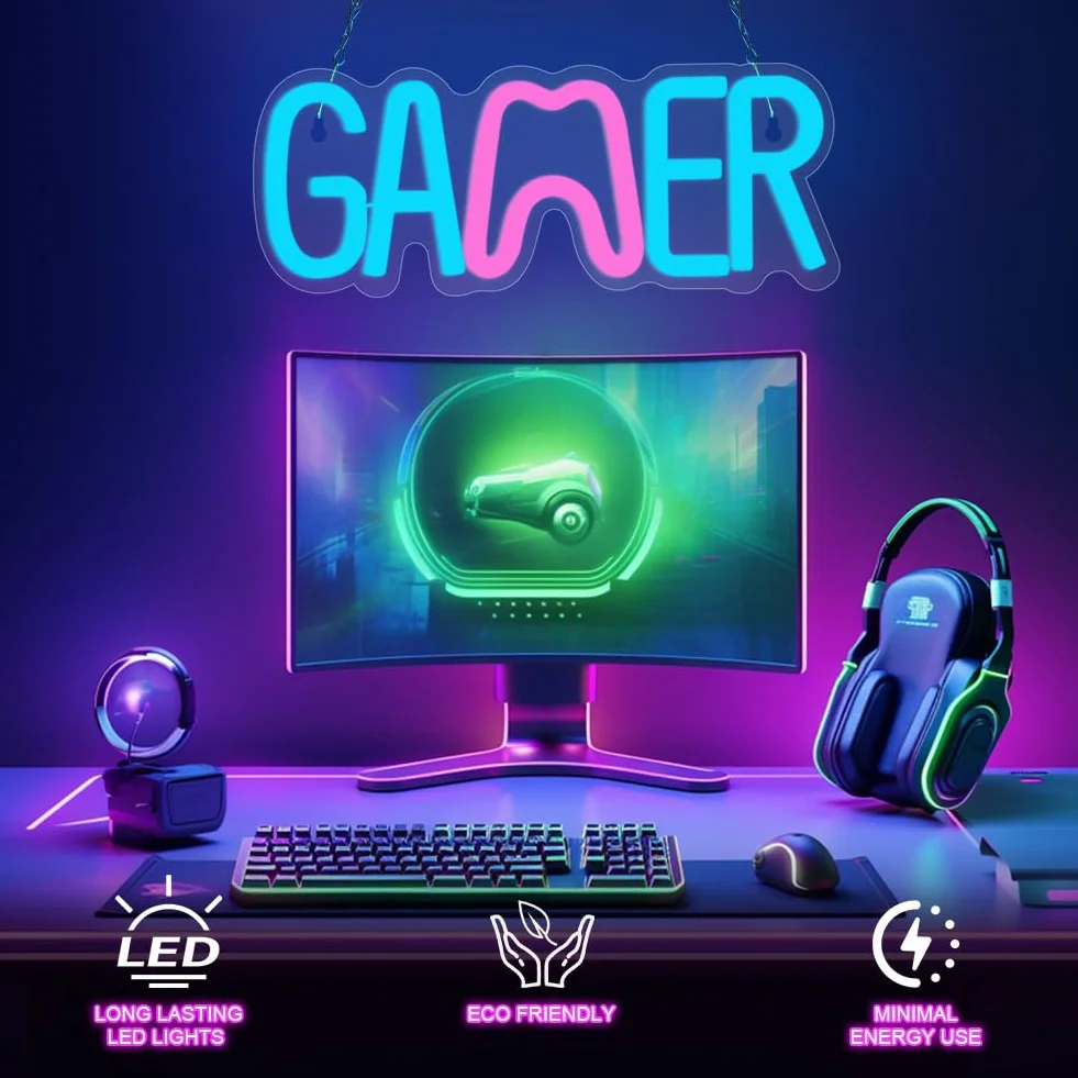 HOTUT Podświetlany Znak Gier Neon LED, Świetlna Dekoracja Ścienna (Gaming Neon/Napis), Nowoczesne Oświetlenie do Pokoju Gracza, Tło do Streamowania