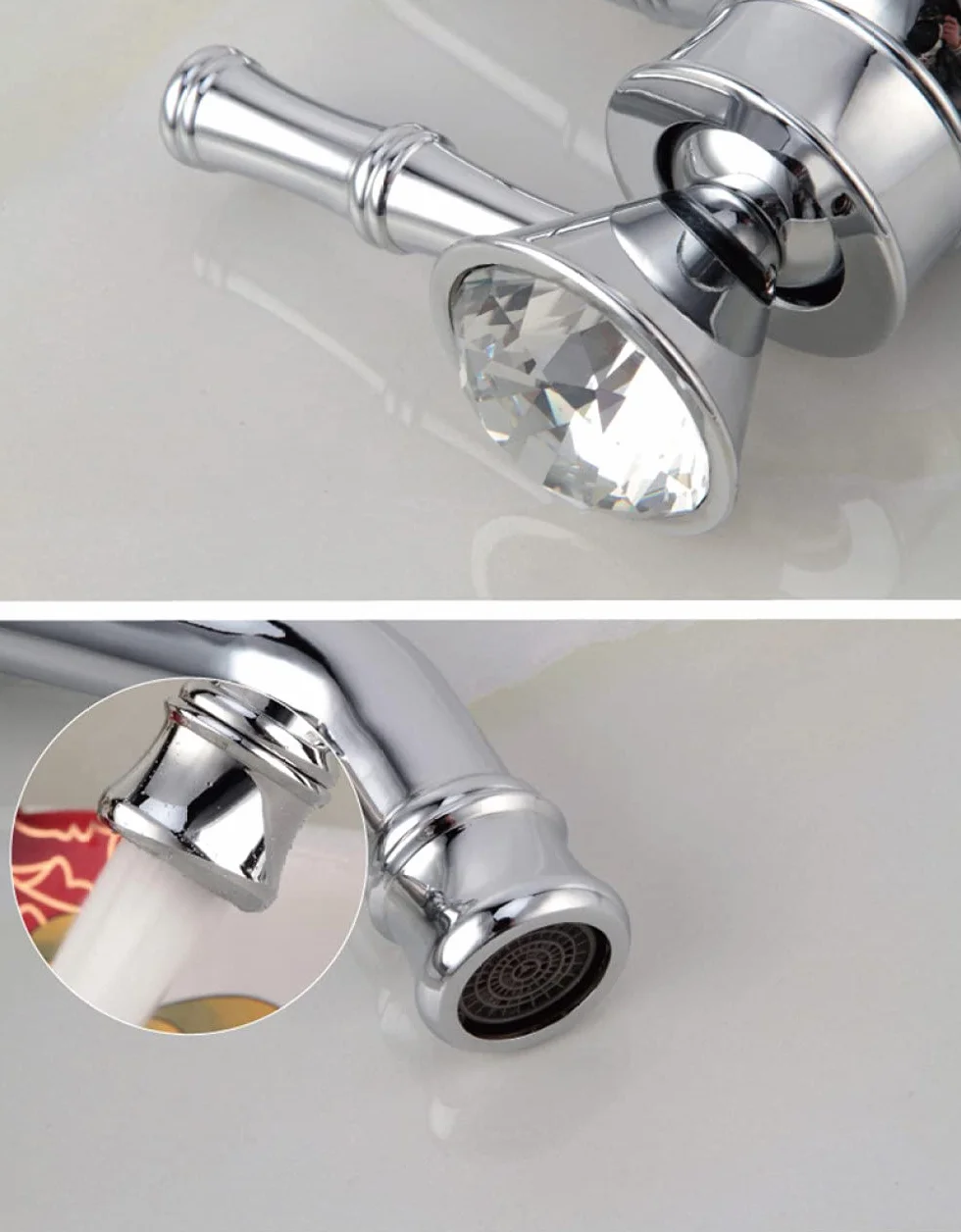 Luksusowe baterie łazienkowe Crystal Chrome Polish bateria umywalkowa nablatowa z obrotową wylewką ciepła i zimna, chrom krótkichrome