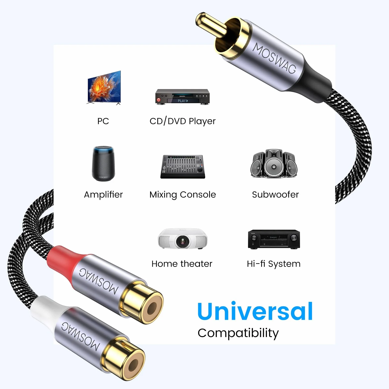 MOSWAG Rozdzielacz RCA 1 męski na 2 żeński, kabel Y audio wideo adapter