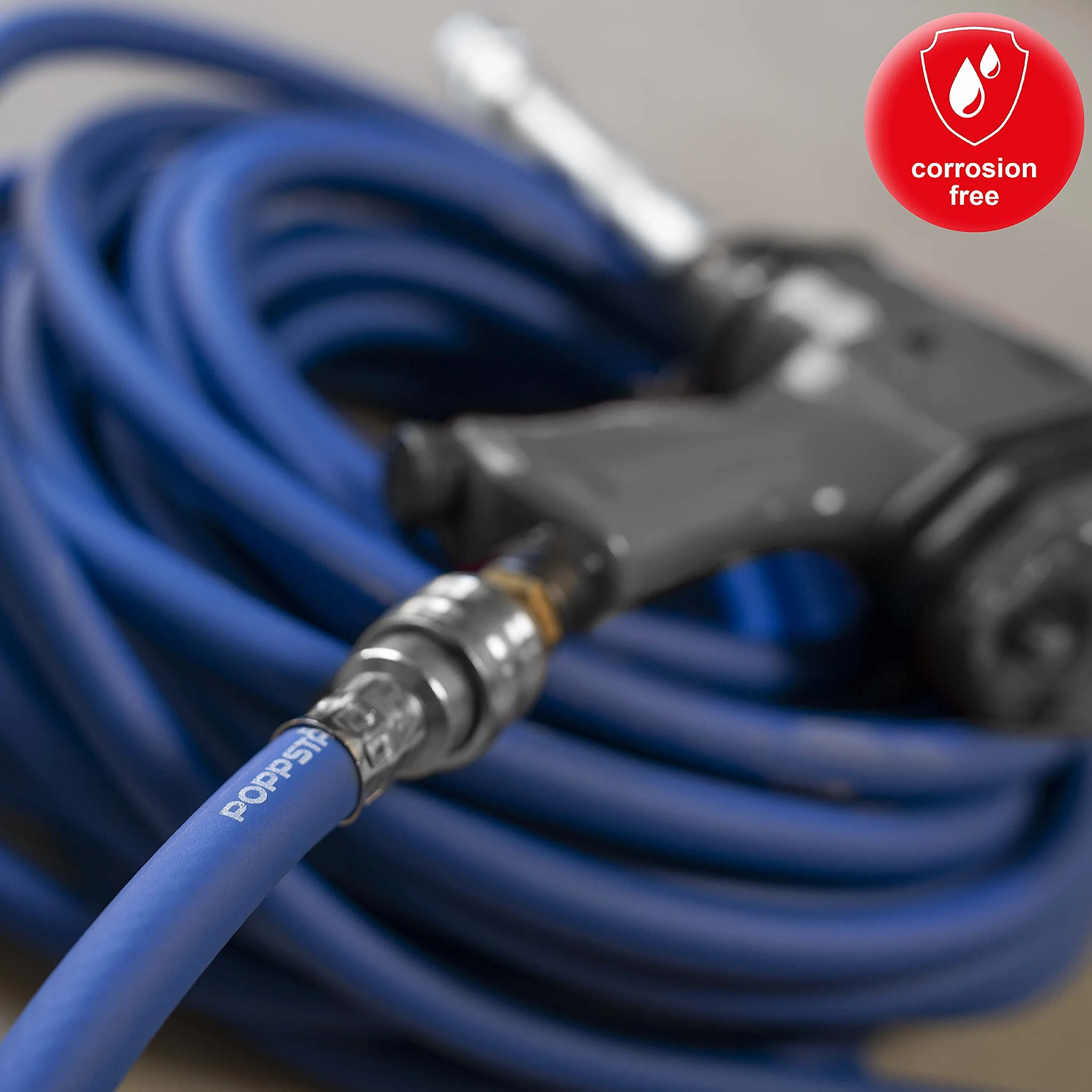 Poppstar wąż pneumatyczny 15m (hybrydowy: PVC wzmocniony tkaniną, średnica wew 9,2mm z szybkozłączką i wtyczką złącza) do 20 bar, niebieski