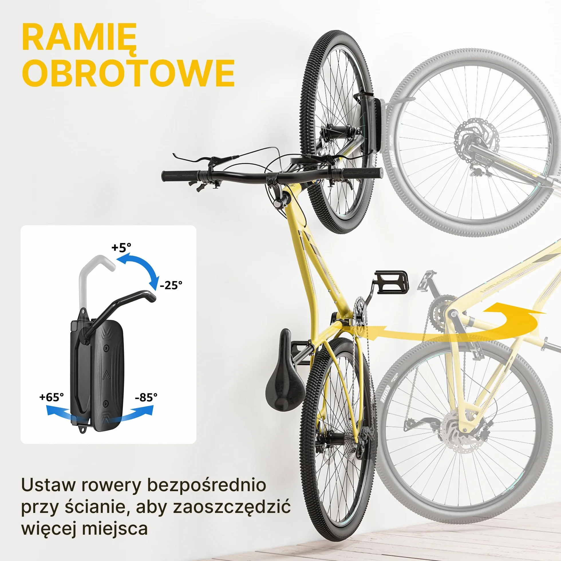 monTEK Obrotowy uchwyt ścienny na rower, wieszak na rower do garażu, uchwyt ścienny do rowerów, oszczędność miejsca, stabilny stojak na rower, pionowy stojak na rowery do 30 kg, 4 sztuki