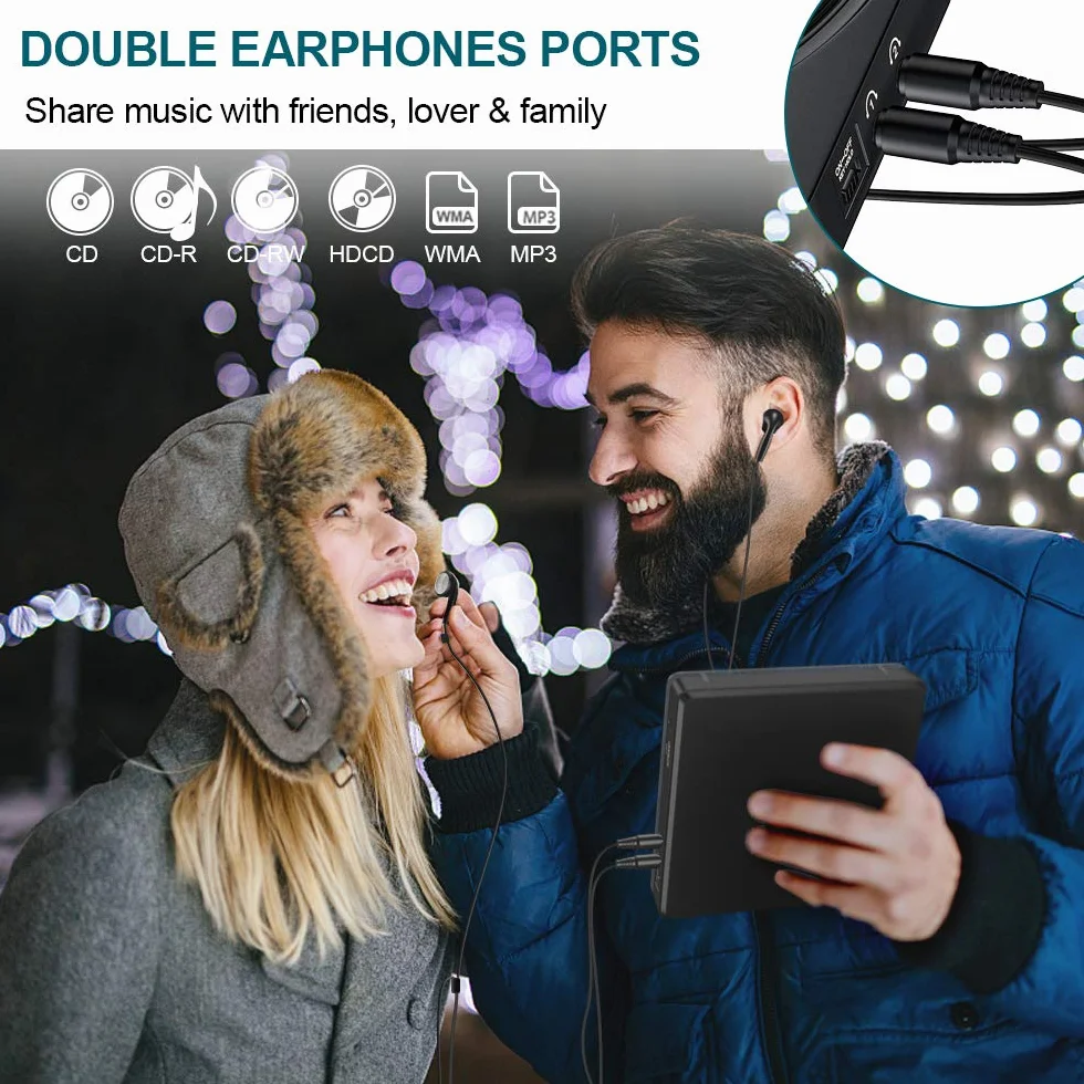 Gueray Przenośny odtwarzacz CD Discman 1200 mAh z podwójnym portem słuchawkowym i słuchawkami