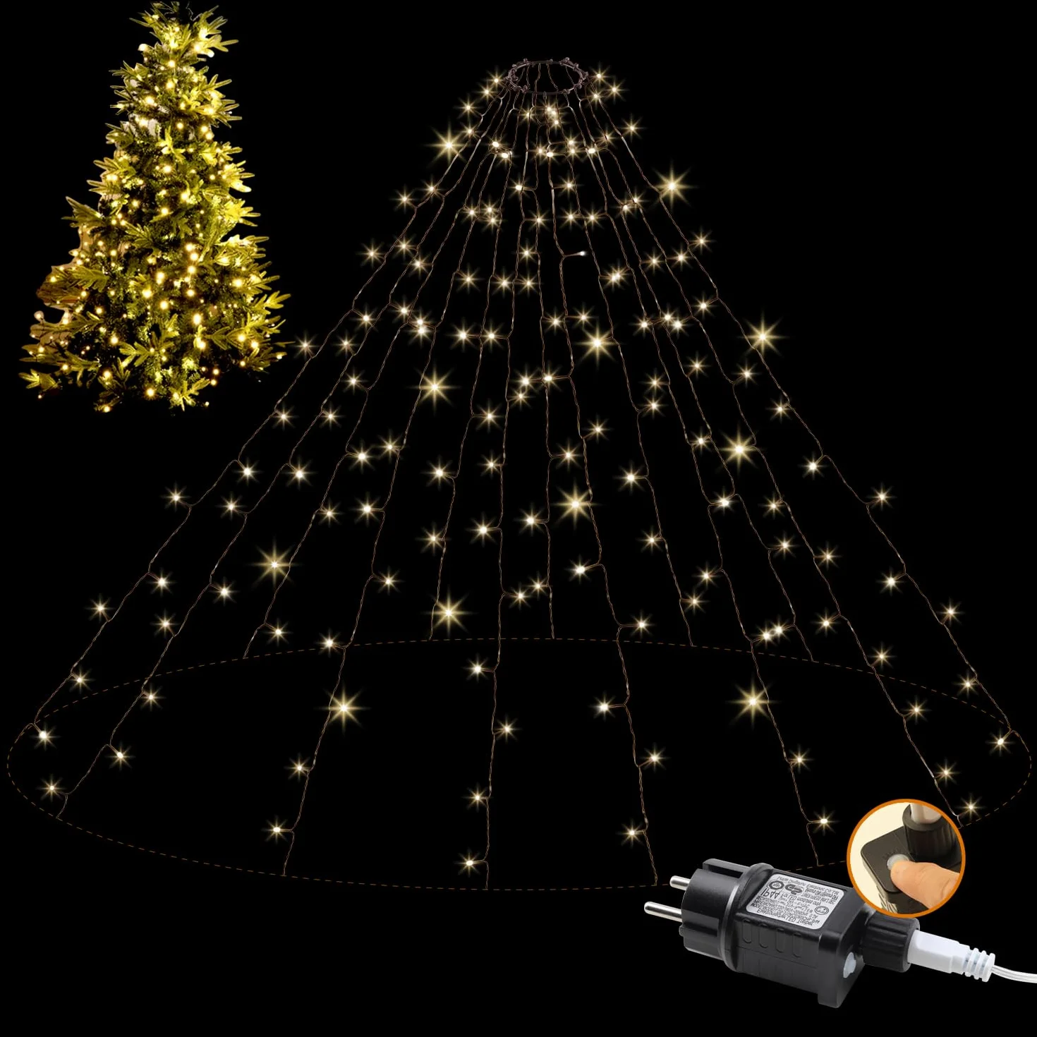 da LIGHT Łańcuch świetlny na choinkę, 360 diod LED, ciepła biel, 2500 K, 12 pasm po 3 m z przewodem doprowadzającym 5 m, 8 trybów pracy z timerem i funkcją pamięci, wodoszczelność IP44