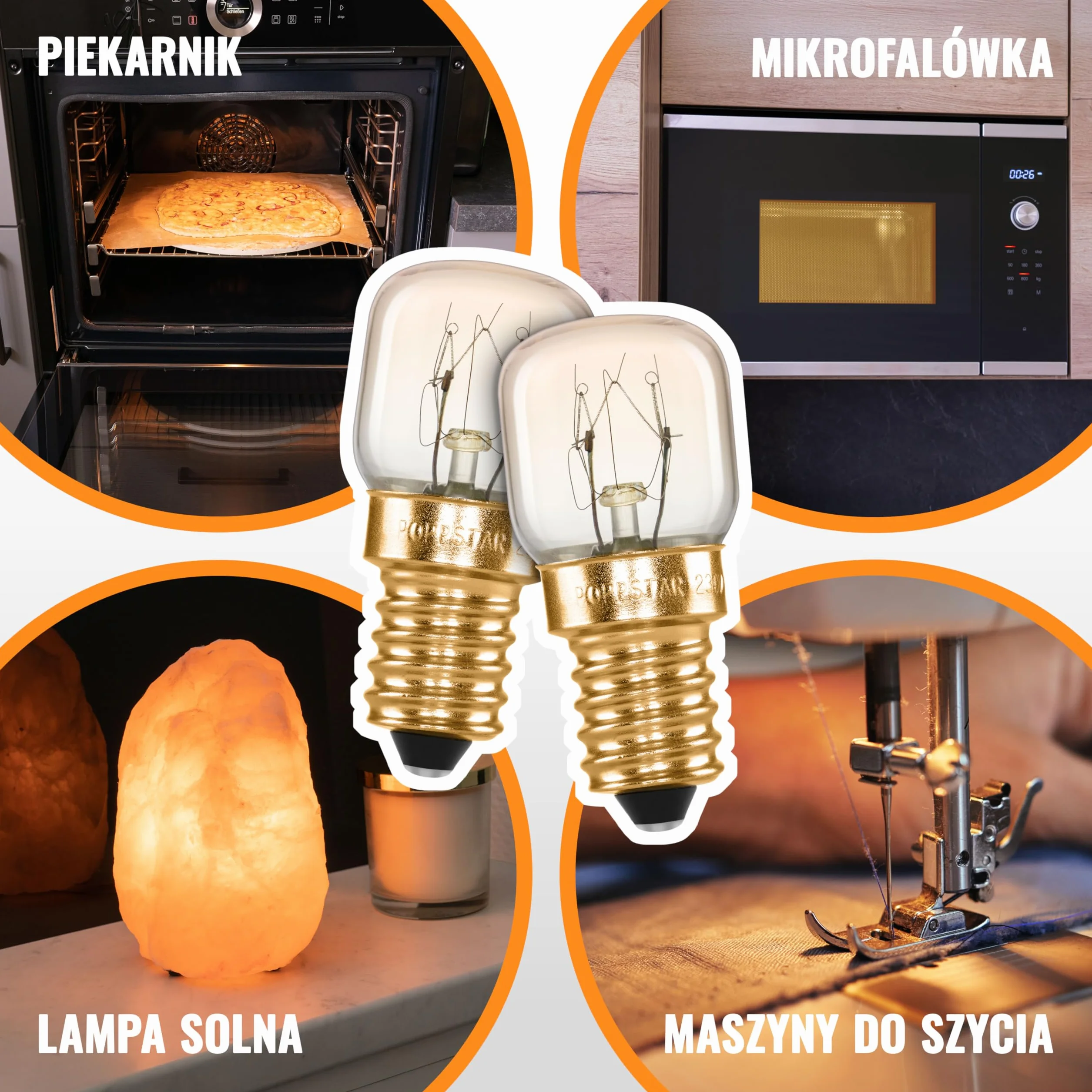 Poppstar żarówki do piekarnika E14 40W, odporne na wysokie temp. do 300°C (barwa światła: biała, ciepła 2700K, 430lm, 45x75mm), 2 szt.