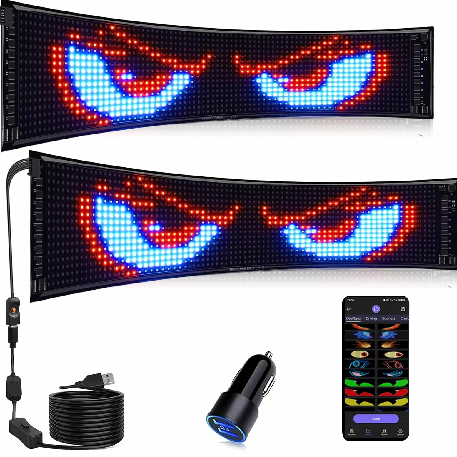 Diabelskie oczy zestaw 2 wyświetlaczy LED 59 x 12 cm – programowalna synchronizacja z funkcją Auto-Sync, wodoszczelny IP65, elastyczny panel do przedniej szyby ciężarówki/samochodu + reklamy