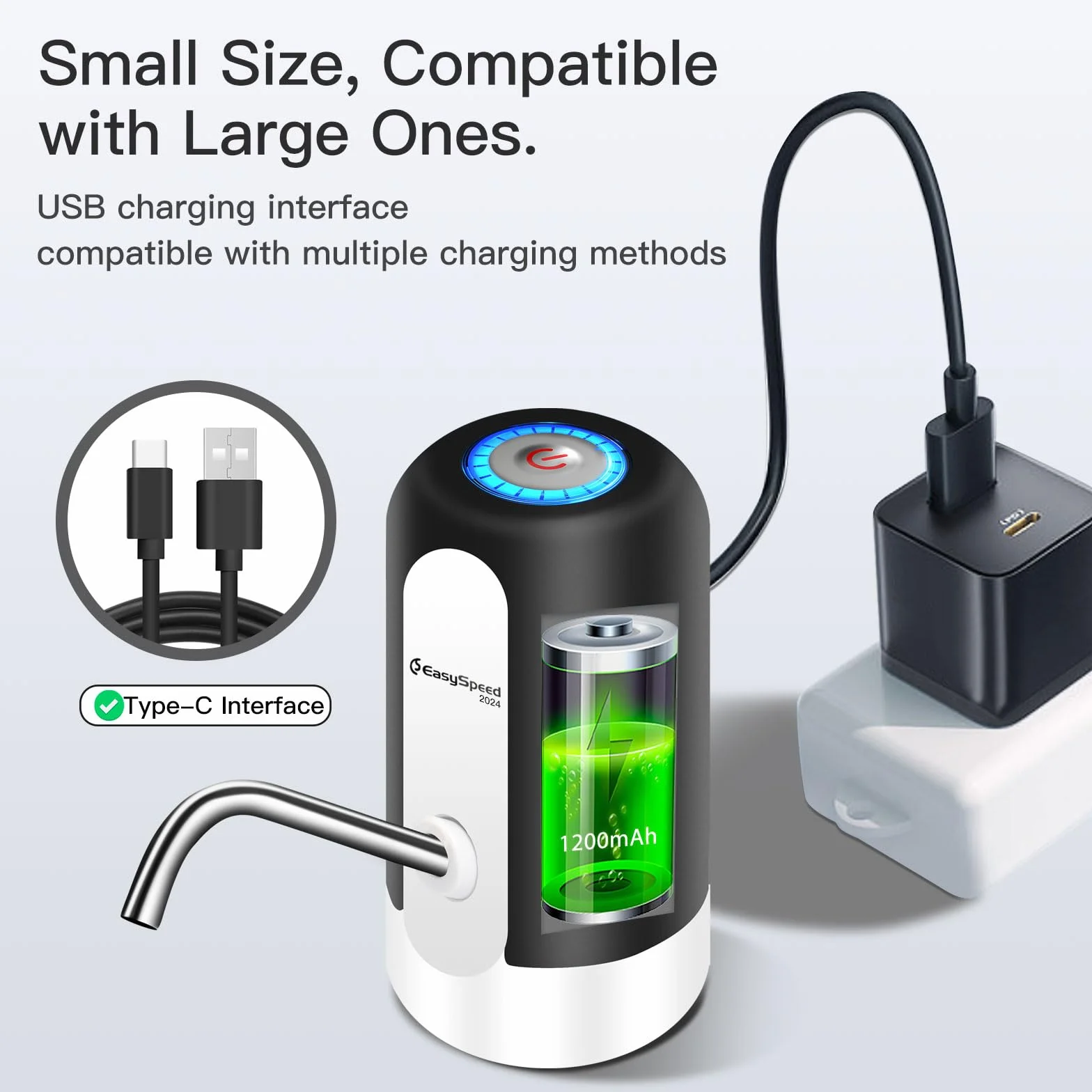 EASYSPEED Elektryczny Dozownik Wody Pitnej,W Zestawie 2 Adaptery Automatyczny Dystrybutor Wody Pitnej,Możliwość ładowania Przez USB 1200 mAh Pompa Do Butelek Na Wodę,Do Domowego Biura,Czarny