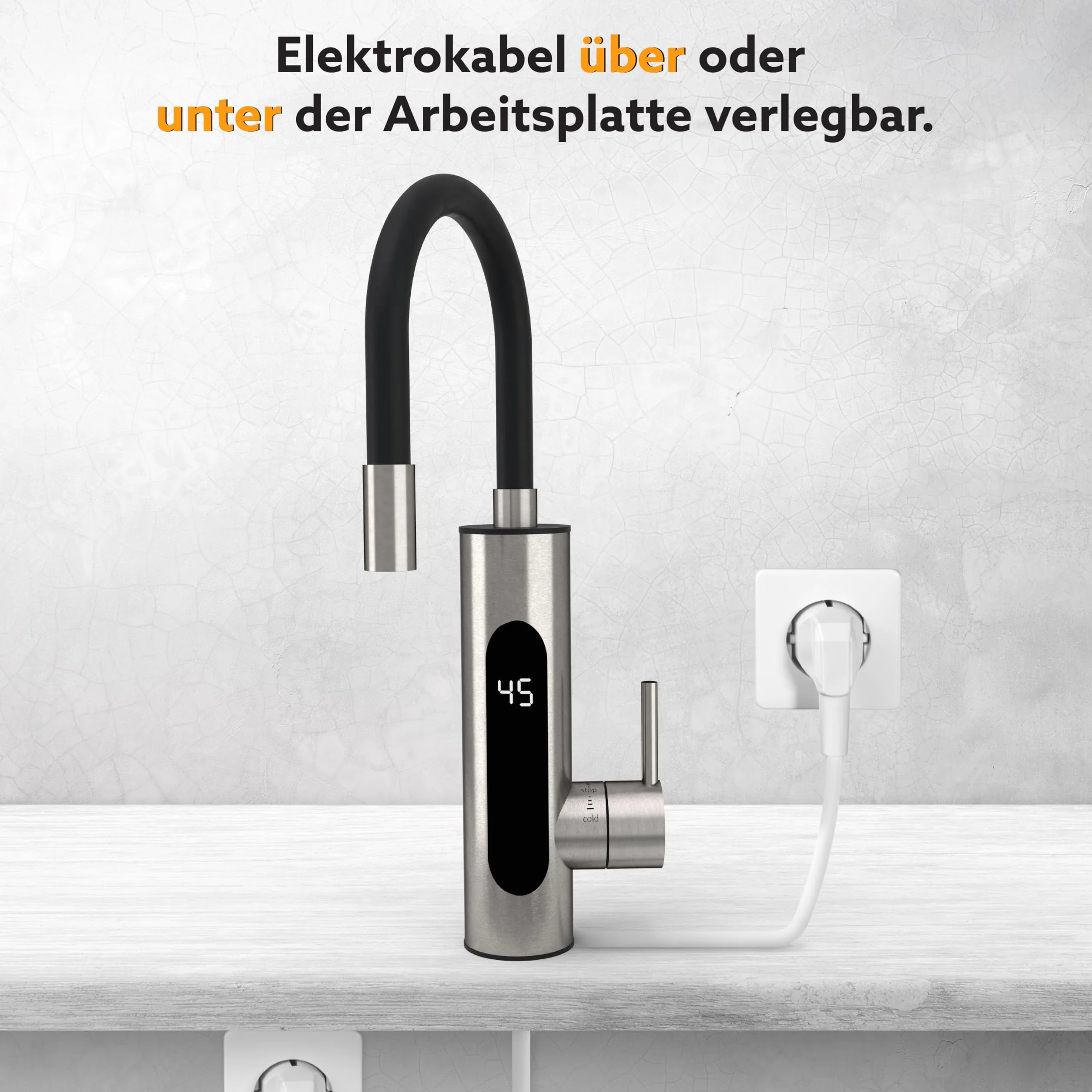HOGART Elektryczny kran z podgrzewaczem wody 230 V, do kuchni, ogrodu, łazienki, przyczepy kempingowej, na kemping, 2 końcówki, inteligentny ogrzewacz, armatura z natychmiastowym podgrzewaczem wody