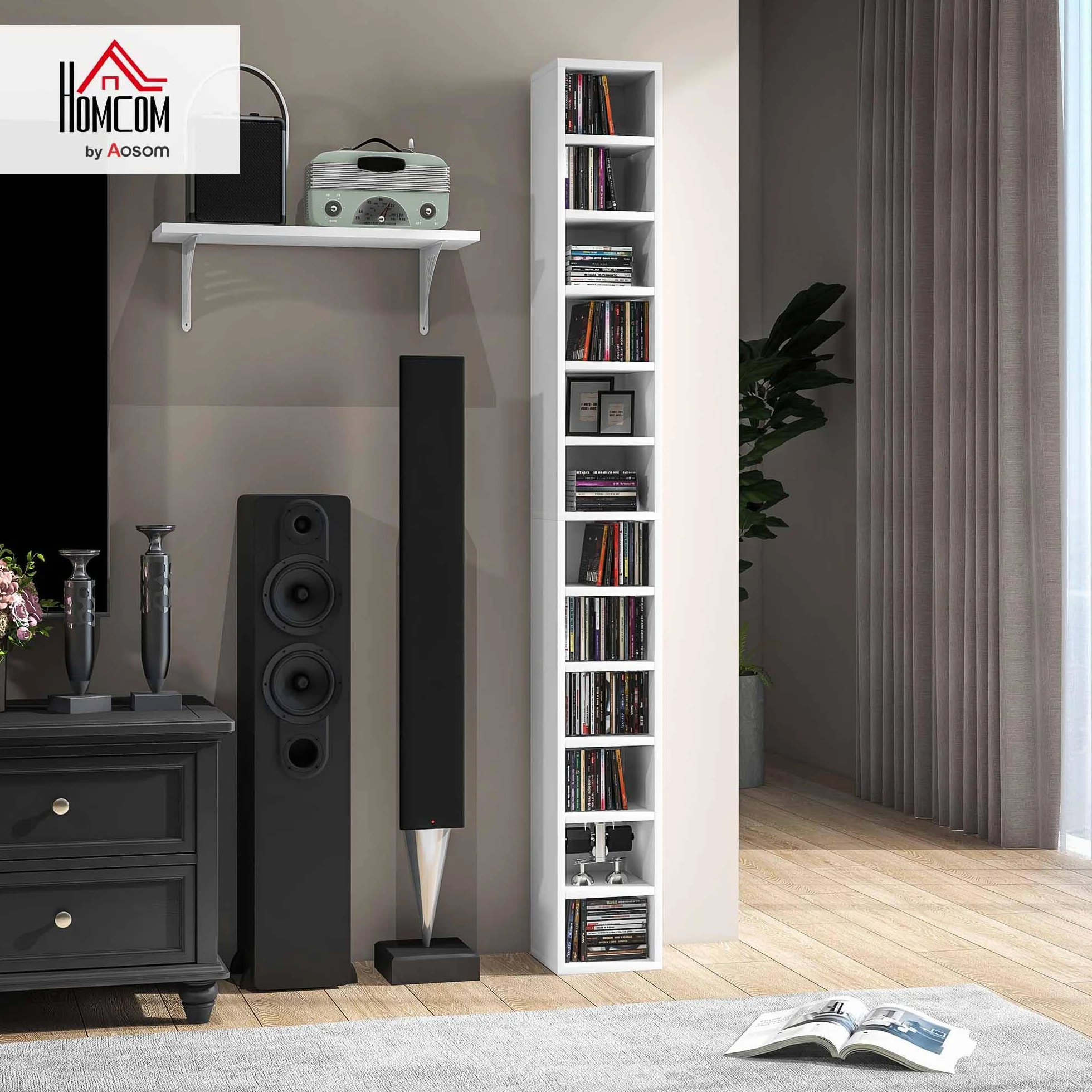 HOMCOM Przechowywanie płyt CD i DVD, kolumna do przechowywania, szafka do przechowywania z 12 przegródkami, maks. pojemność 204 CD, 21 x 20 x 175 cm, biały