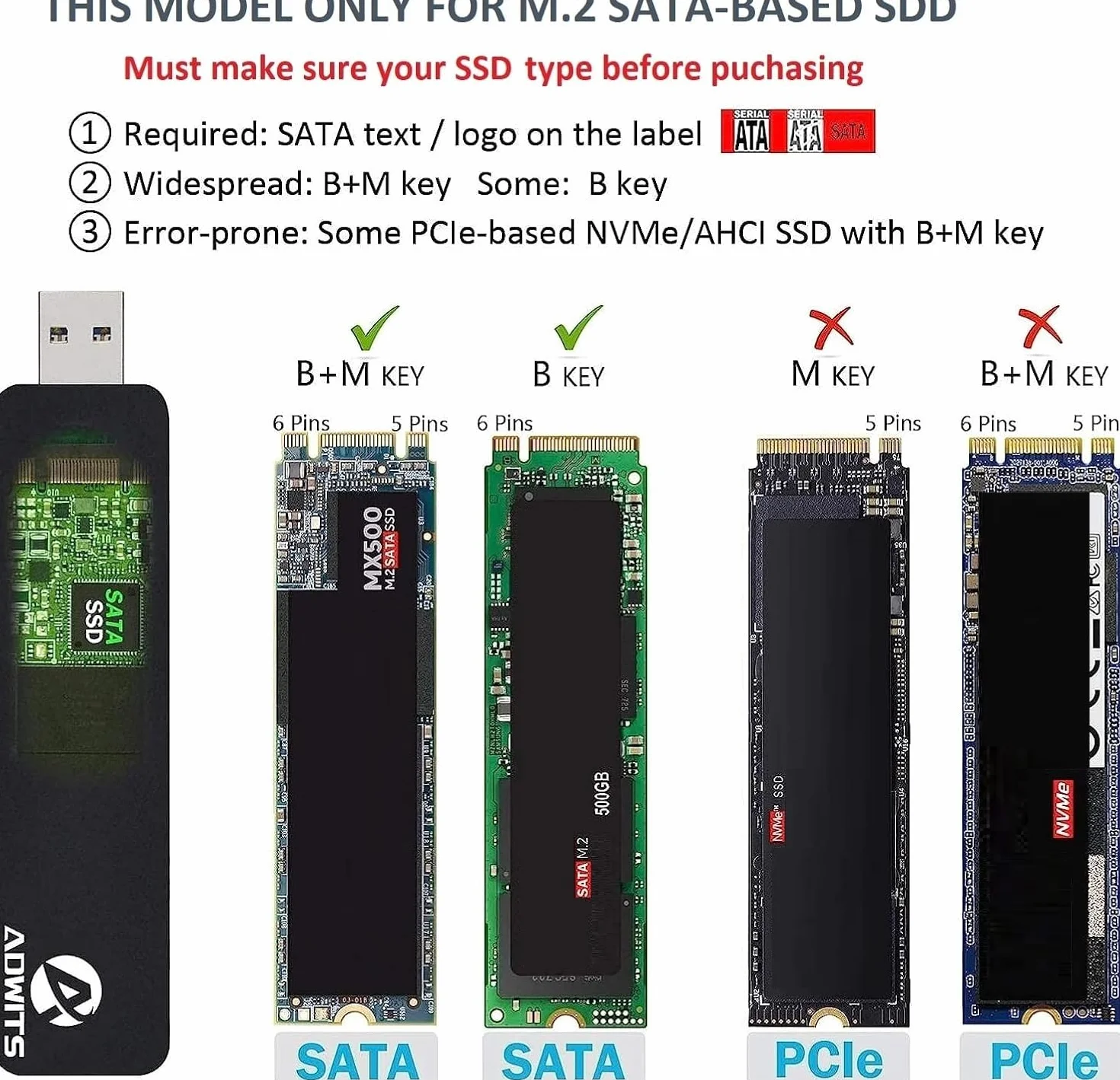 USB 3.0 UASP na SATA NGFF M.2 2230/2242/2260/2280 Key B lub adapter B&M SSD SuperSpeed, bezprzewodowa obudowa zewnętrzna do Samsung 850 EVO, DREVO Crucial Solid State Drive & More, czarny