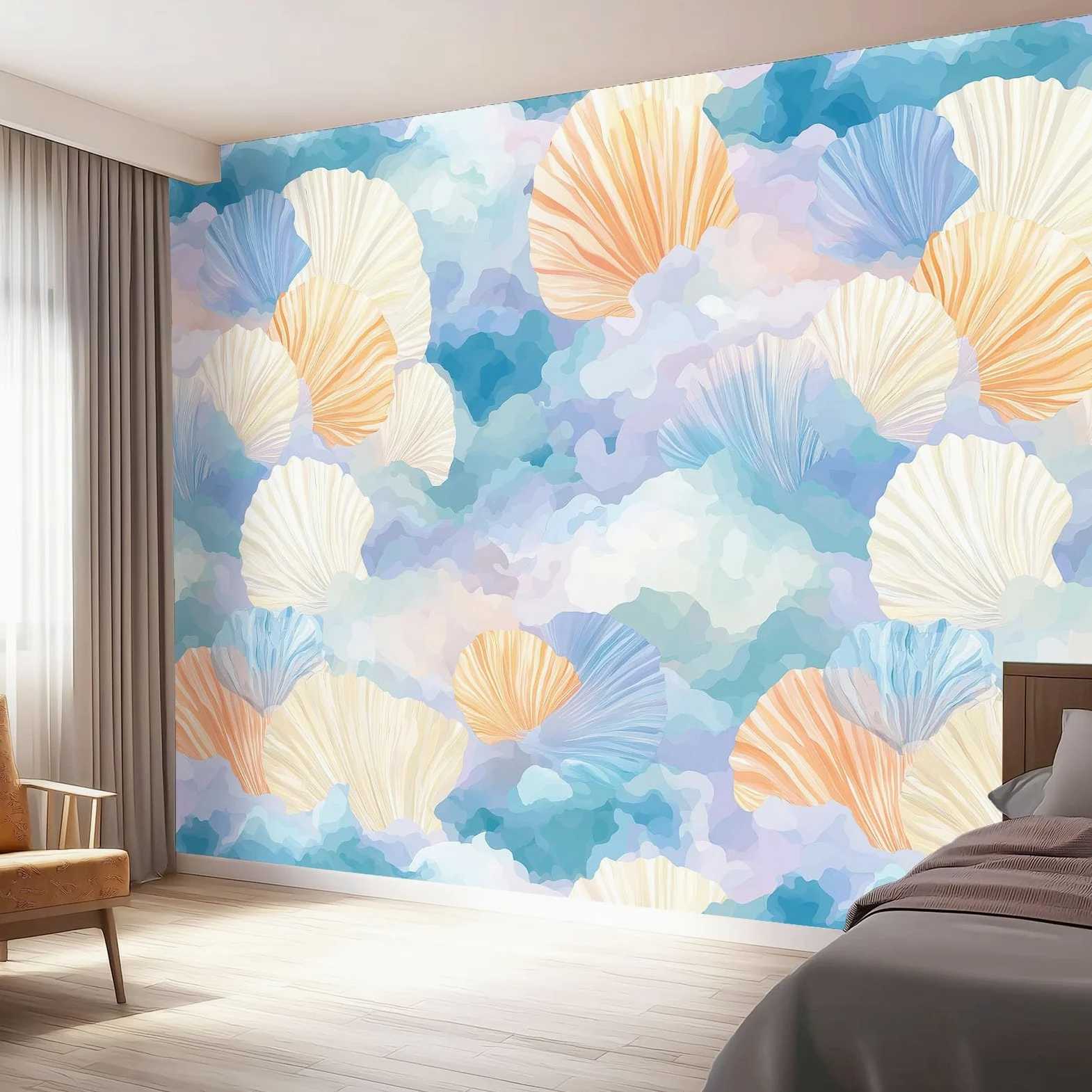 Urocza tapeta akwarelowa muszla 400 x 280 cm, plakat na ścianę fototapeta dekoracja ścienna salon sypialnia pokój dziecięcy dla dzieci, kolorowy