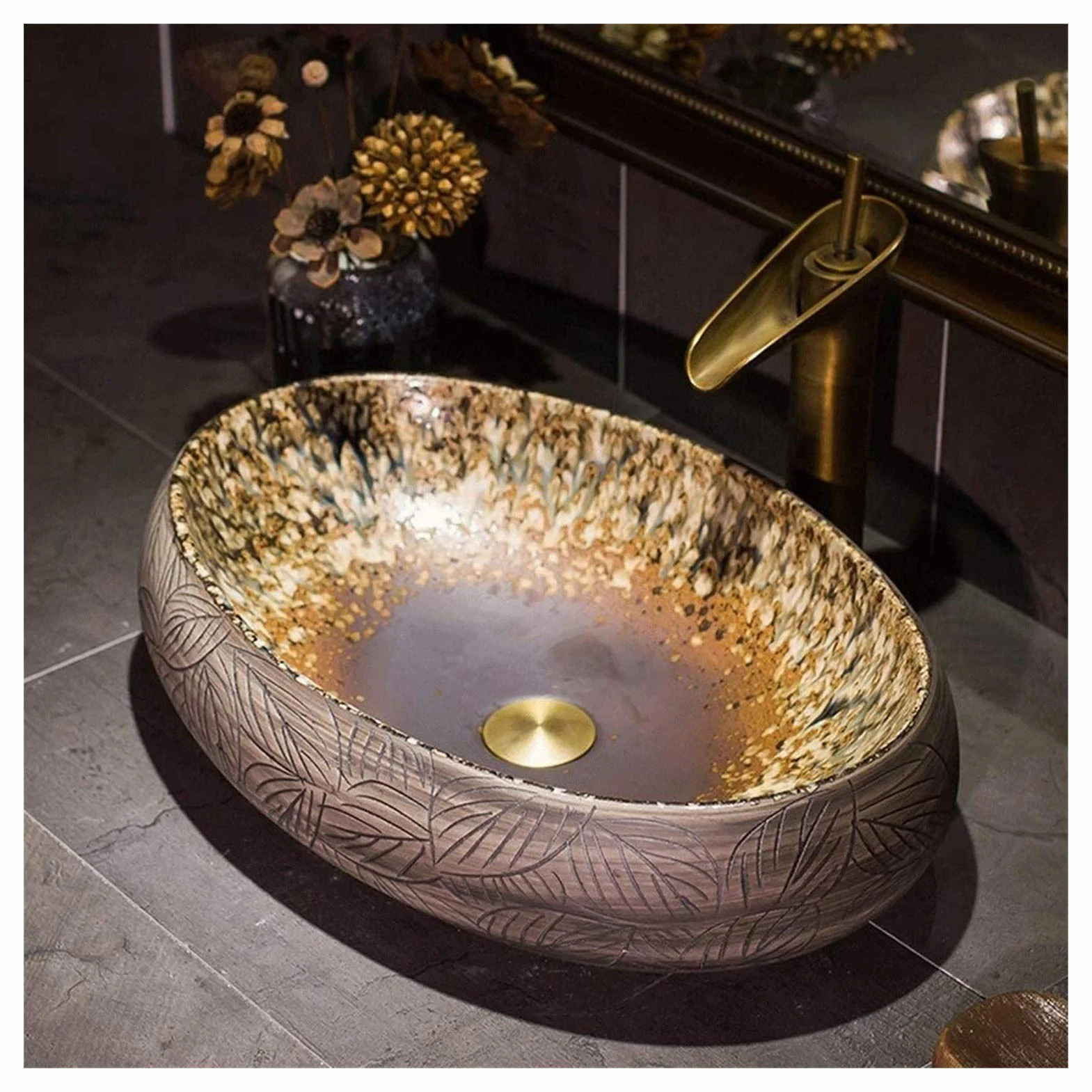 Szafka Pod Umywalkę Z Umywalką, Umywalka Nablatowa, Umywalka Nablatowa Łazienkowa 21 X 14 Cali, Europejska Rustykalna, Owalna, Porcelanowa, Ceramiczna Umywalka Nablatowa