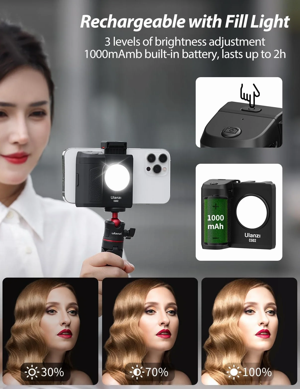 ULANZI CG-02 uchwyt do smartfona z pilotem migawki i światłem wypełniającym, akcesoria fotograficzne do iPhone'a 15, 14 Pro Max