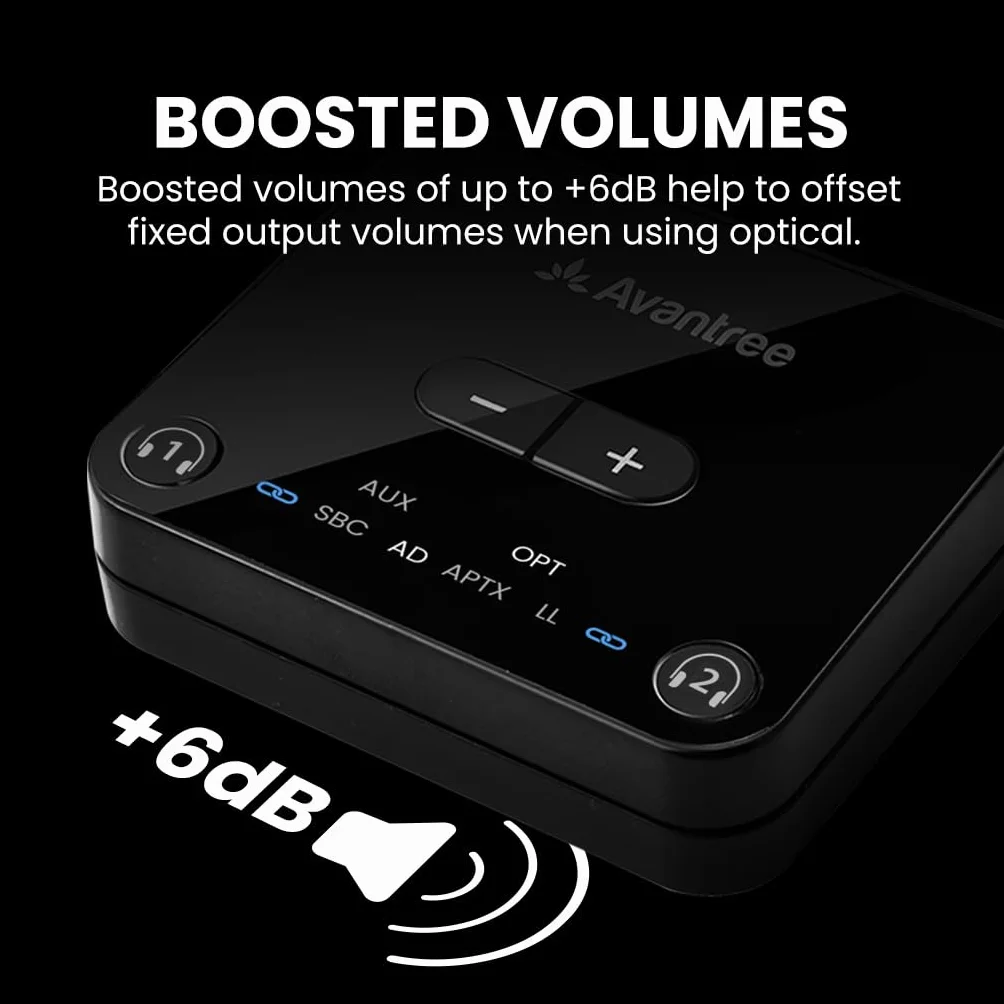Avantree Audikast 3 transmiter Bluetooth 5.3 do TV aptX Adaptive dwa słuchawki zasięg 30 m