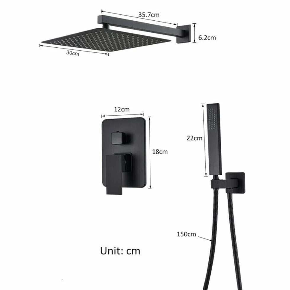Podtynkowy system prysznicowy do montażu na ścianie, czarny, z kwadratową głowicą prysznicową 30 x 30 cm, stal nierdzewna i mosiądz