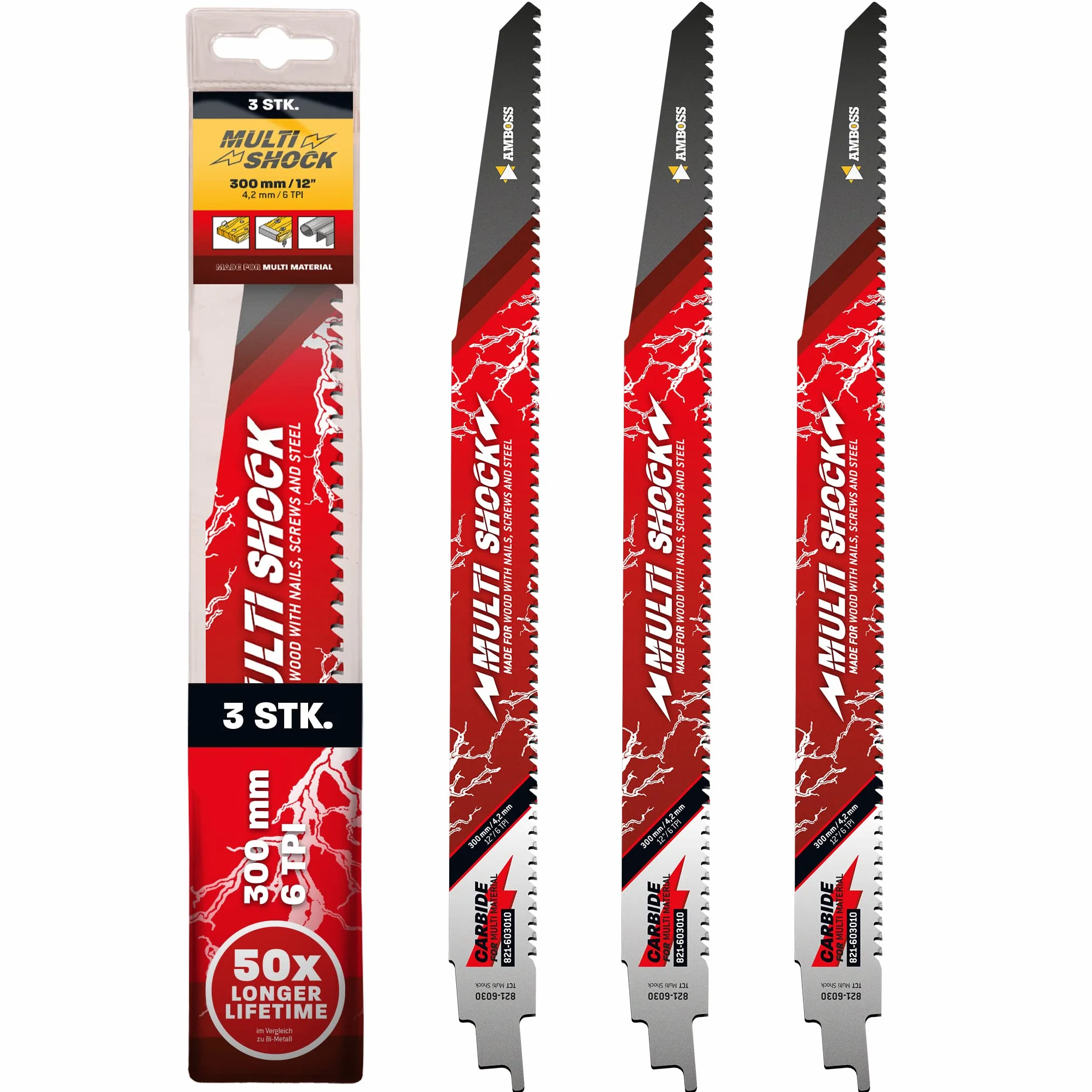 AMBOSS MULTI SHOCK – 3 x brzeszczot do piły szablastej długość 300 mm / 6 ZpZ – idealny do drewna z gwoździami i drewnem ze śrubami oraz stalą – wiele materiałów