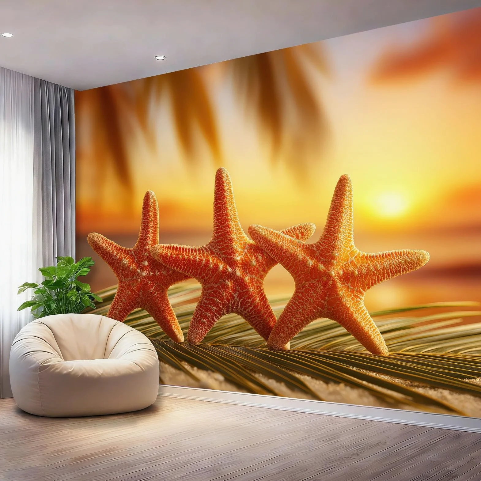 Fototapeta Naturalna Rozgwiazda Liście Palmowe Kolor Pomarańczowy Tapeta z włókniny Dekoracja Salon Sypialnia Biuro, 400 x 280 cm