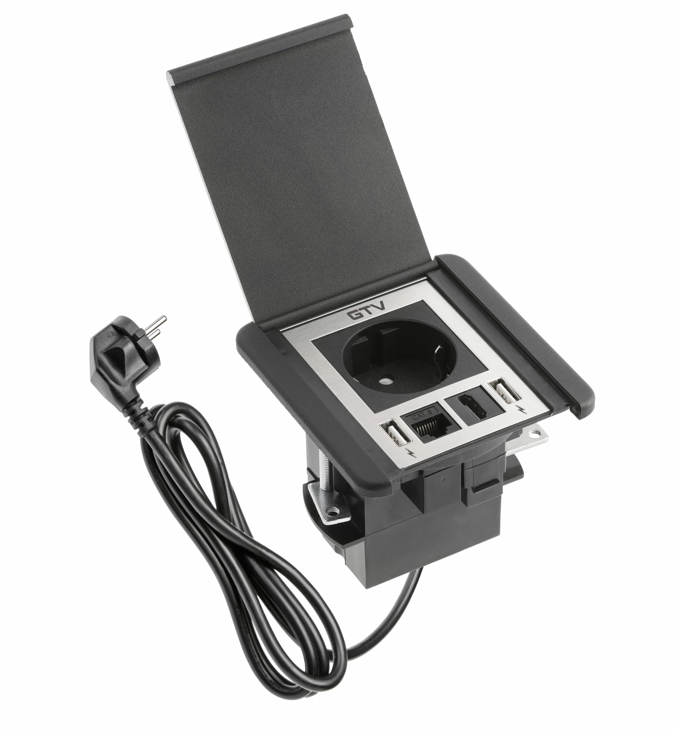GTV - Gniazdko meblowe FLIP, gniazdo do zabudowy, 1 x gniazdo Schuko, 2 x USB A, 1 x RJ45, 1 x HDMI, długość kabla 1,5 m, kolor czarny, do biurka, blatu stołu, kuchni i biura