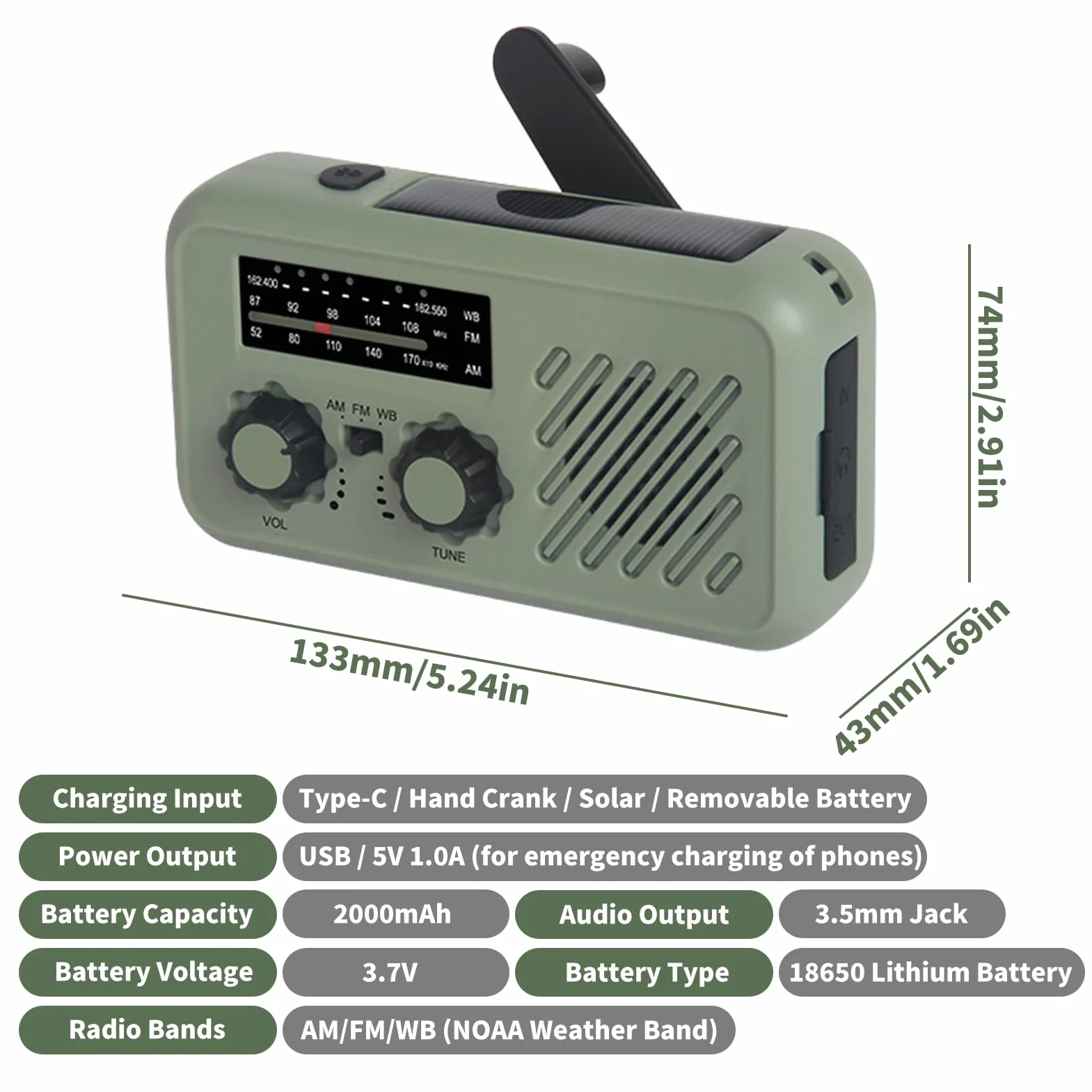 Radio awaryjne AM/FM z korbą solarną, dynamo, powerbank 2000 mAh, LED na kemping