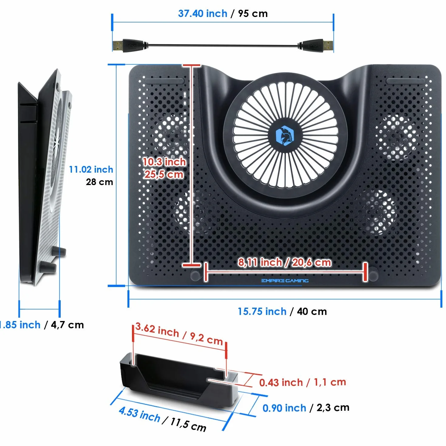EMPIRE GAMING Turboost aluminium wentylator chłodzący do laptopa 12-17 cali 5 cichych wentylatorów niebieski LED USB