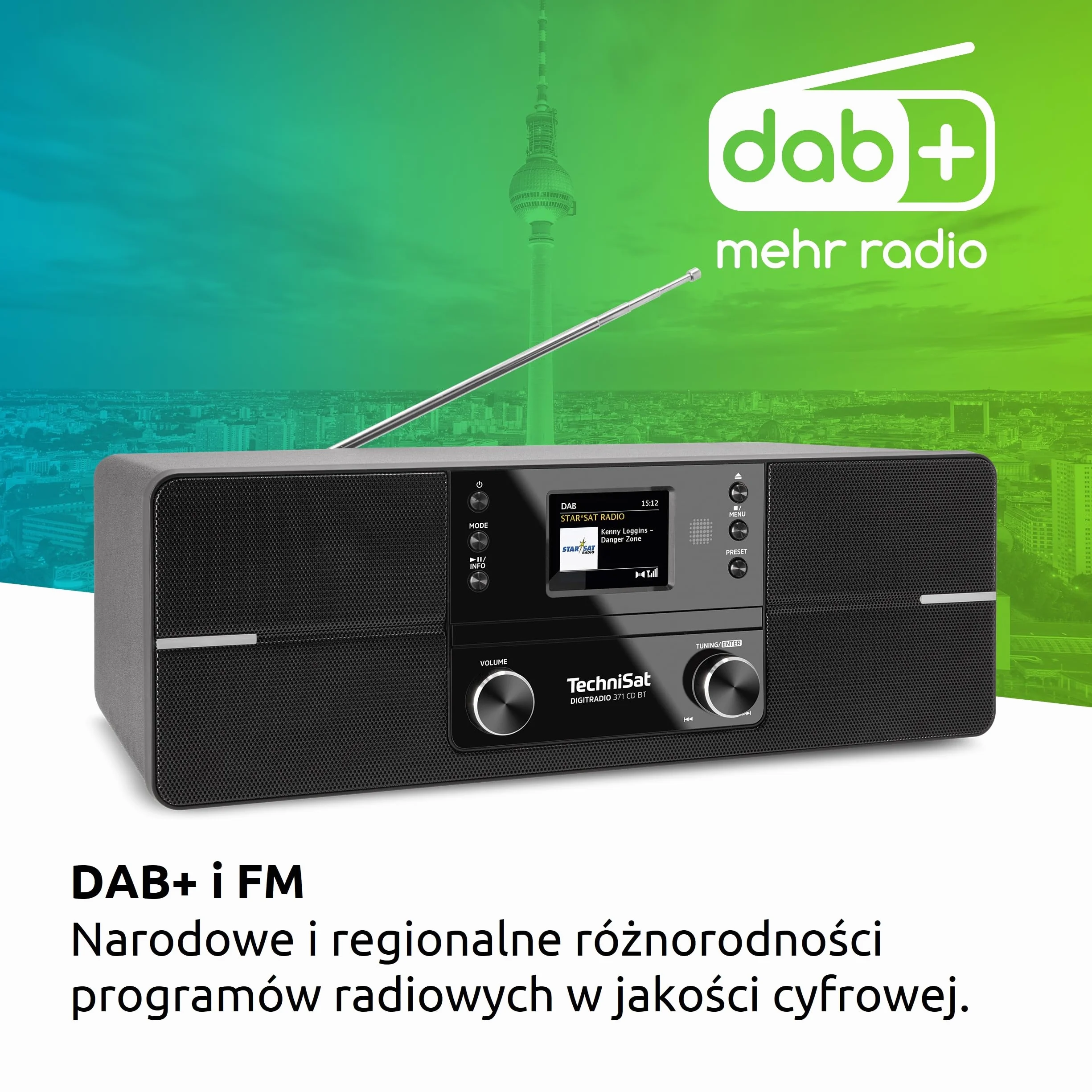 TechniSat DIGITRADIO 371 CD BT - cyfrowe radio stereofoniczne (DAB+, FM, odtwarzacz CD, Bluetooth, kolorowy wyświetlacz, USB, AUX, gniazdo słuchawkowe, budzik, 10 W, pilot zdalnego sterowania) czarny