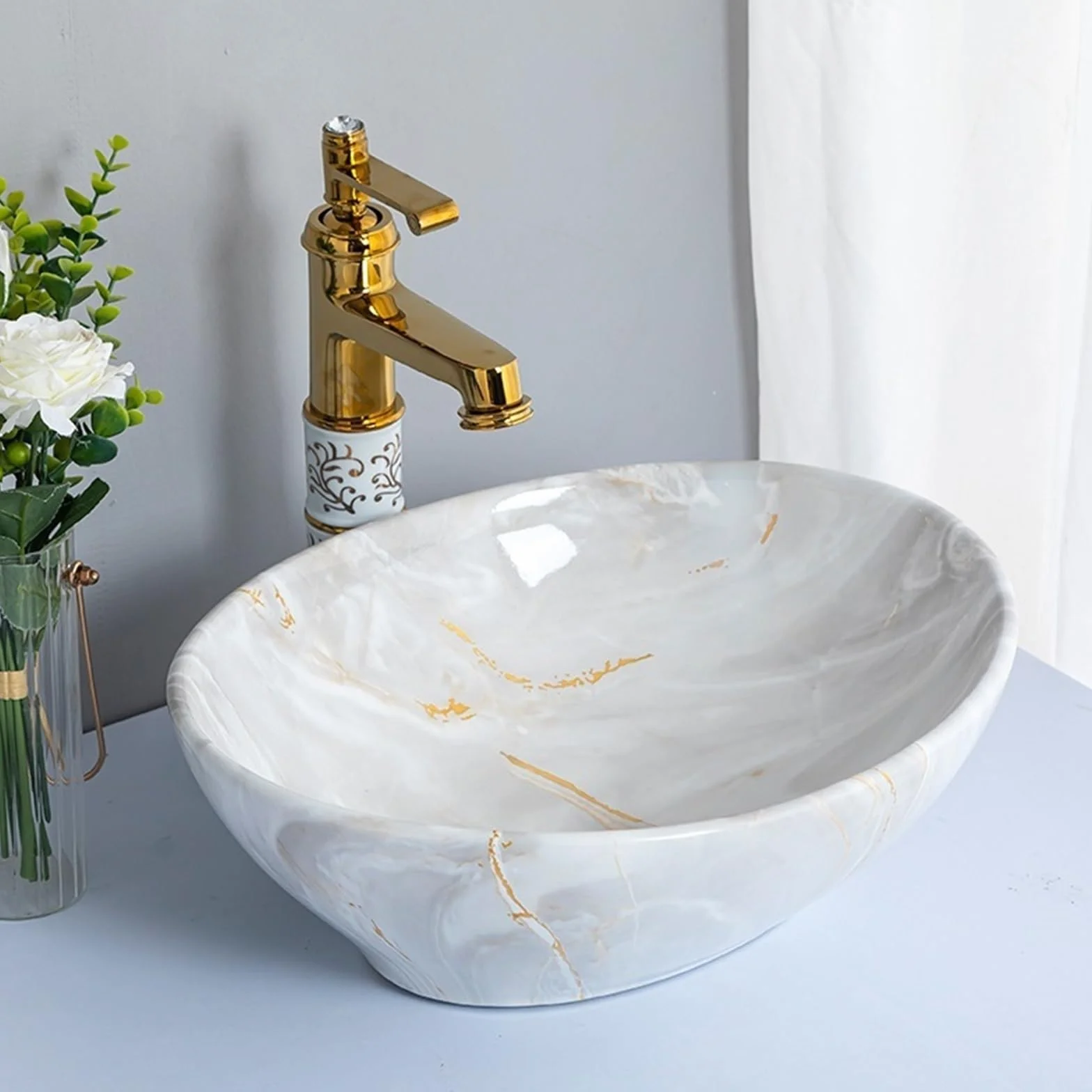 Umywalka Łazienkowa Nablatowa, Ceramiczna Umywalka Nablatowa Z Imitacją Marmuru, Wysokiej Jakości Umywalka Łazienkowa Z Akcesoriami