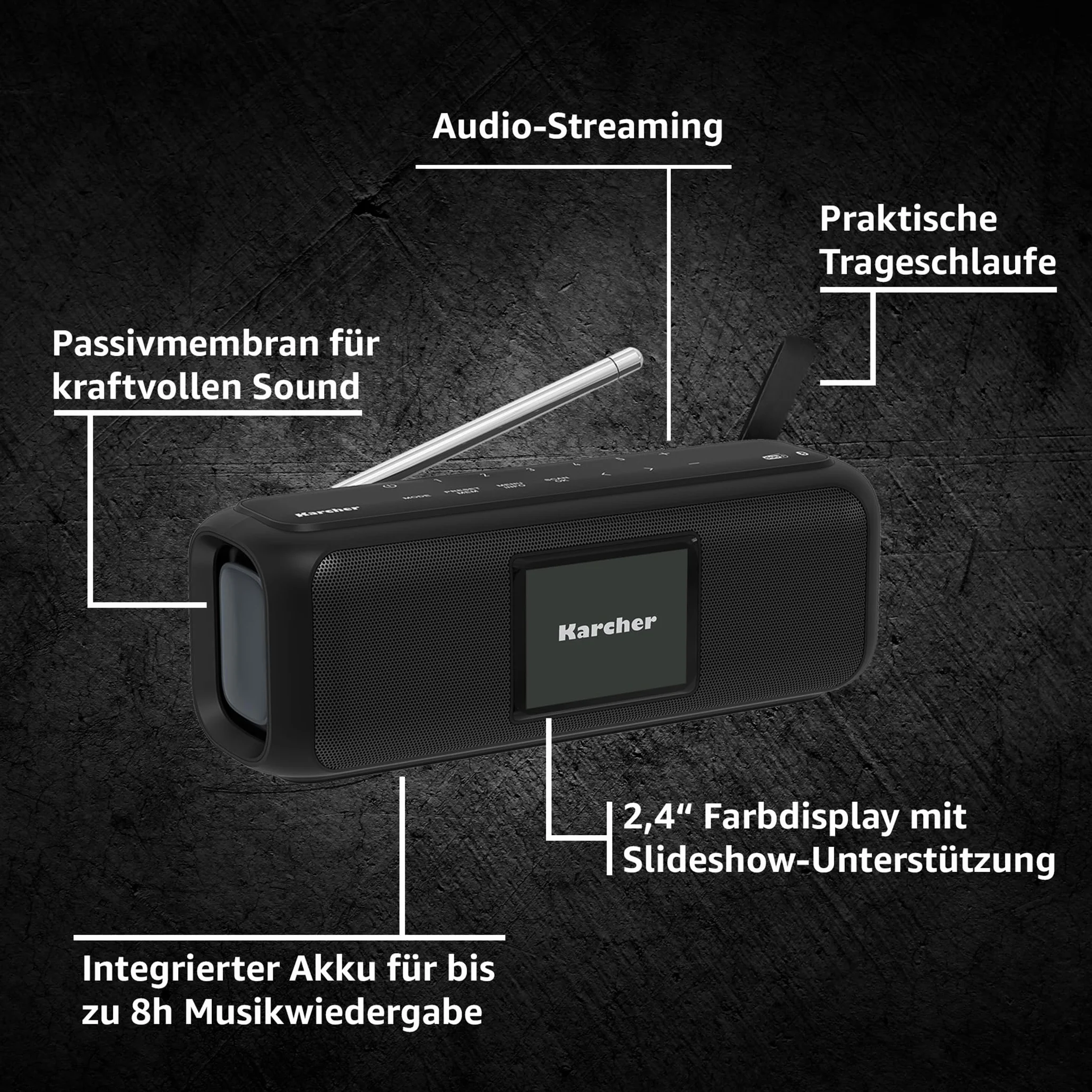 Karcher DAB Go przenośny głośnik Bluetooth radio cyfrowe DAB+ FM 2,4" 5 W stereo USB-C czarny