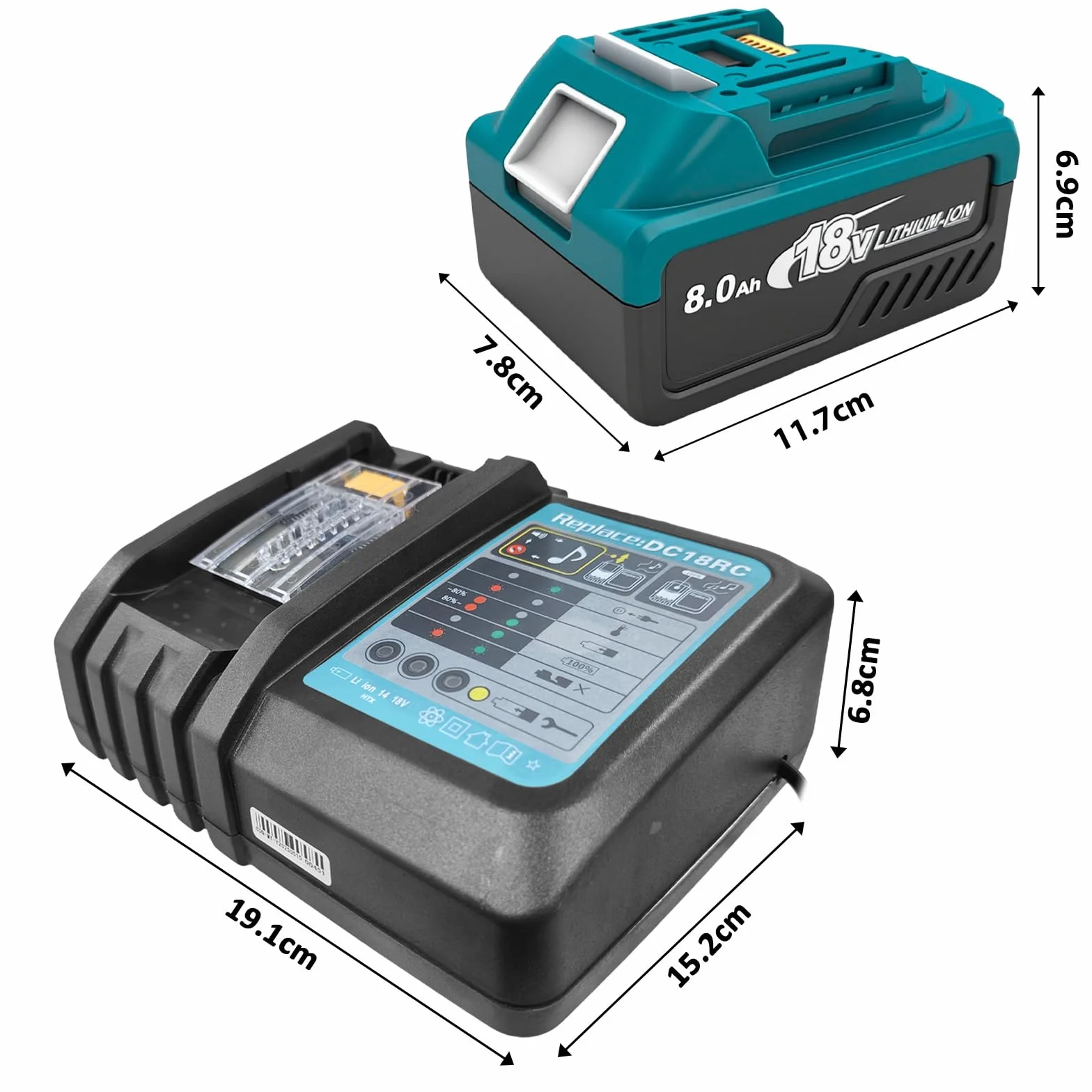 2 x akumulator 8,0 Ah 18 V z ładowarką DC18RC, kompatybilny z narzędziami Makita, akumulatory zamienne BL1860 BL1860B BL1850 BL1850B BL1840 BL1830 BL1820 (2 x akumulator 8,0 Ah 18 V + ładowarka DC18RC