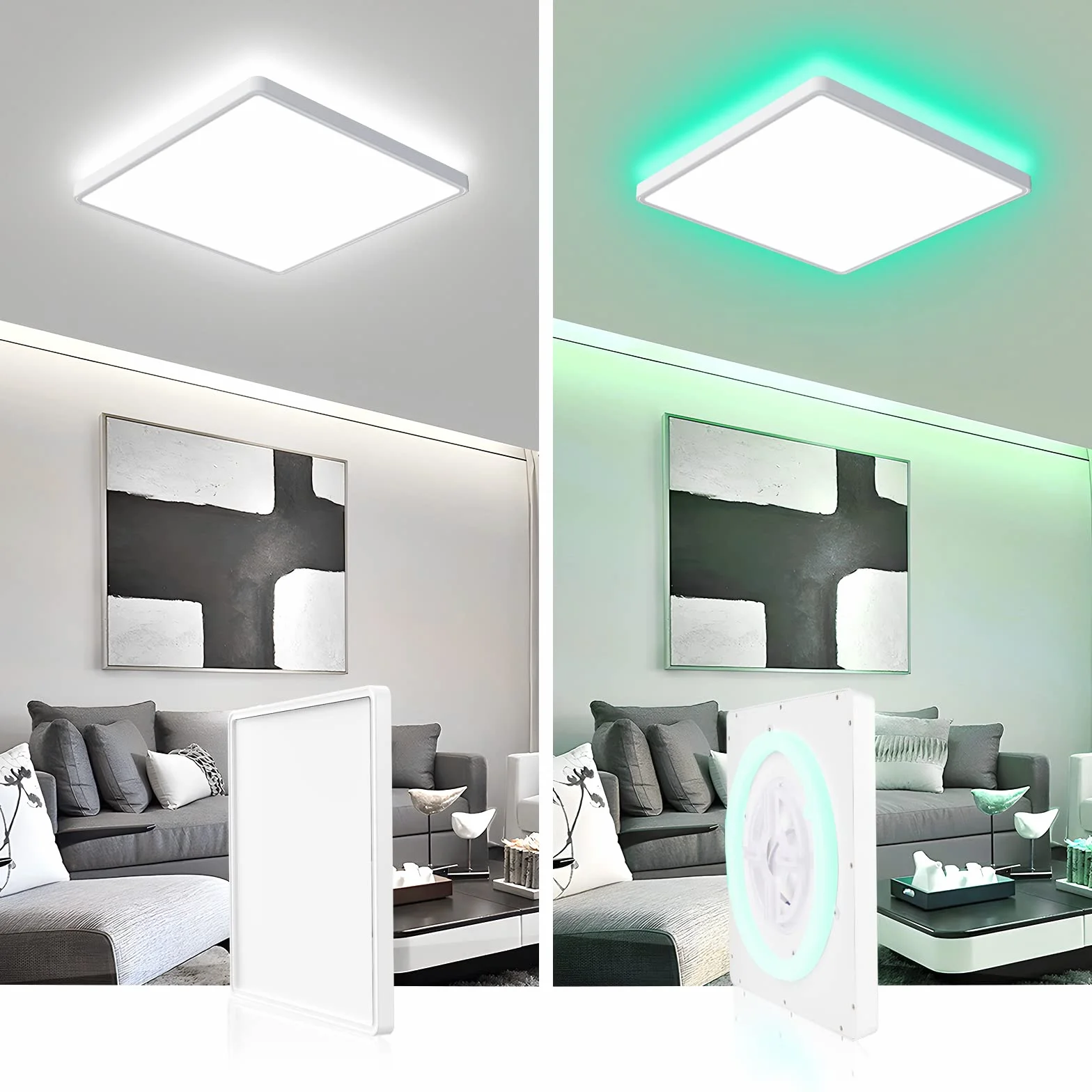 OTREN Sufitowa oprawa oświetleniowa LED z pilotem zdalnego sterowania, 36 W, 3600 lm, 3000 K-6500 K, ściemniane podświetlenie RGB, kwadratowa podtynkowa, lampa sufitowa do salonu, sypialni, jadalni