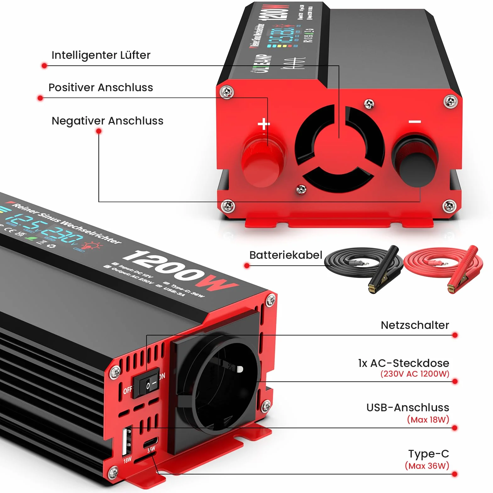 Falownik 12 V na 230 V czysty sinus 1200 W z wyświetlaczem LCD gniazda AC USB 36 W