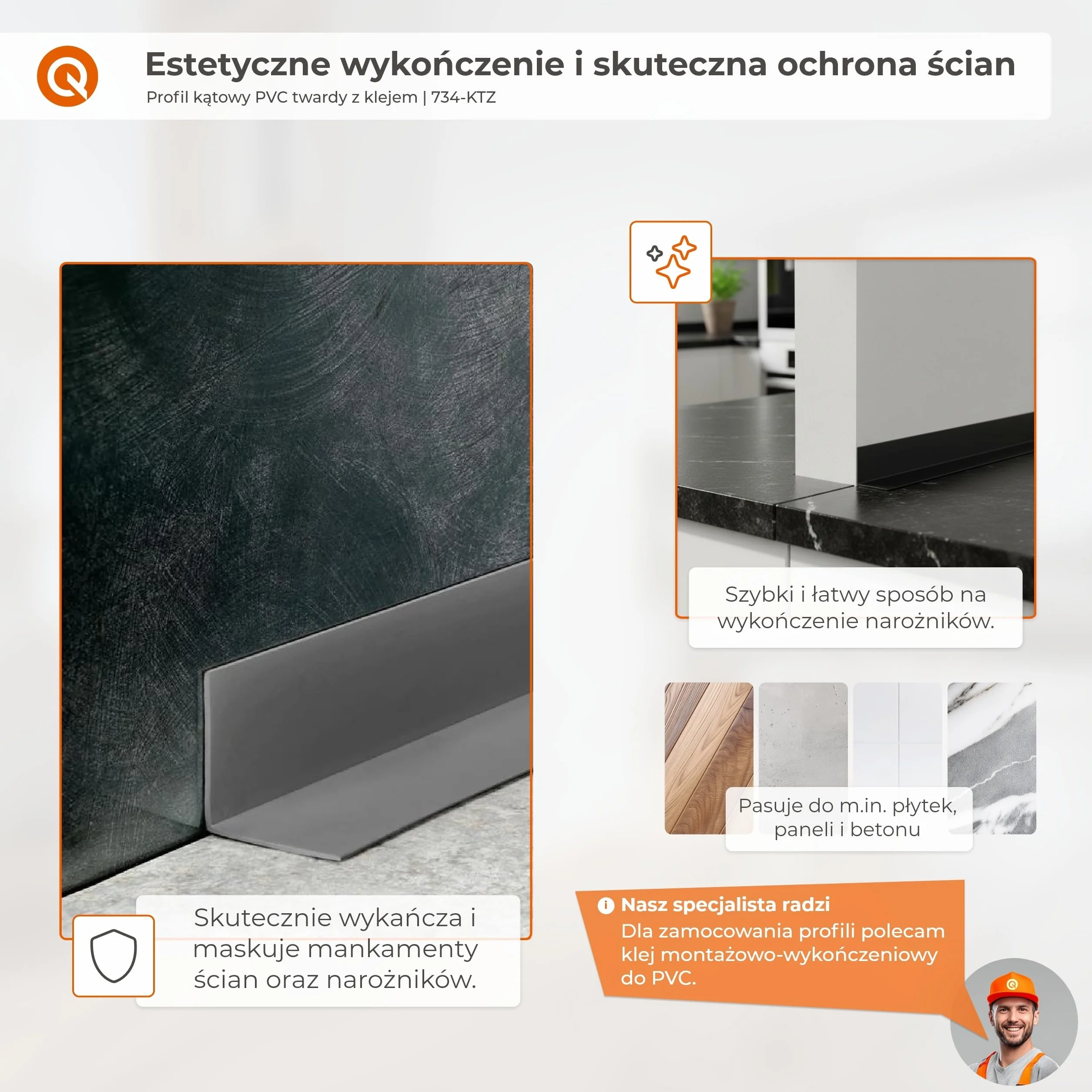 QUEST Kątownik twardy PVC 15x15 mm samoprzylepny, klejony po zewnętrznej stronie, ozdobny profil L kątowy, ciemnoszary, 100 cm