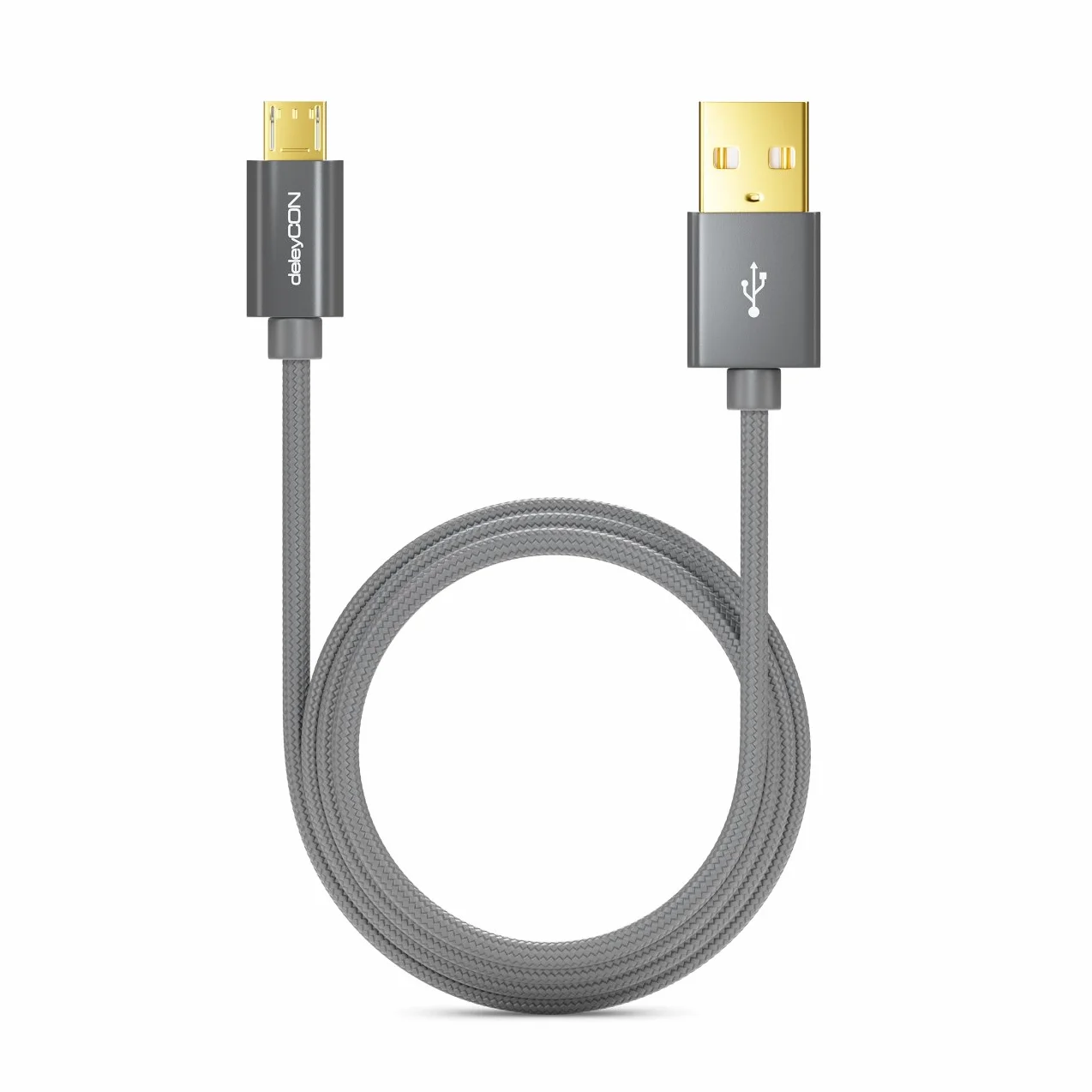 deleyCON Micro USB Kabel 3,0m Nylon Metalowe Wtyki Ładowania Przewód Danych Szary