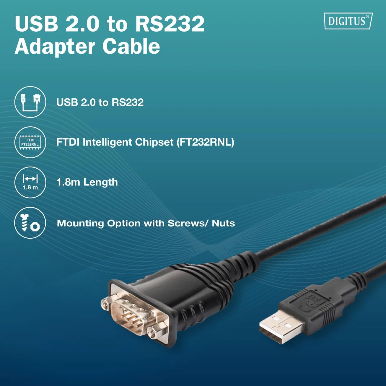 DIGITUS Kabel adapterowy USB 2.0 do RS232 DB9 1,8 m chipset FTDI czarny