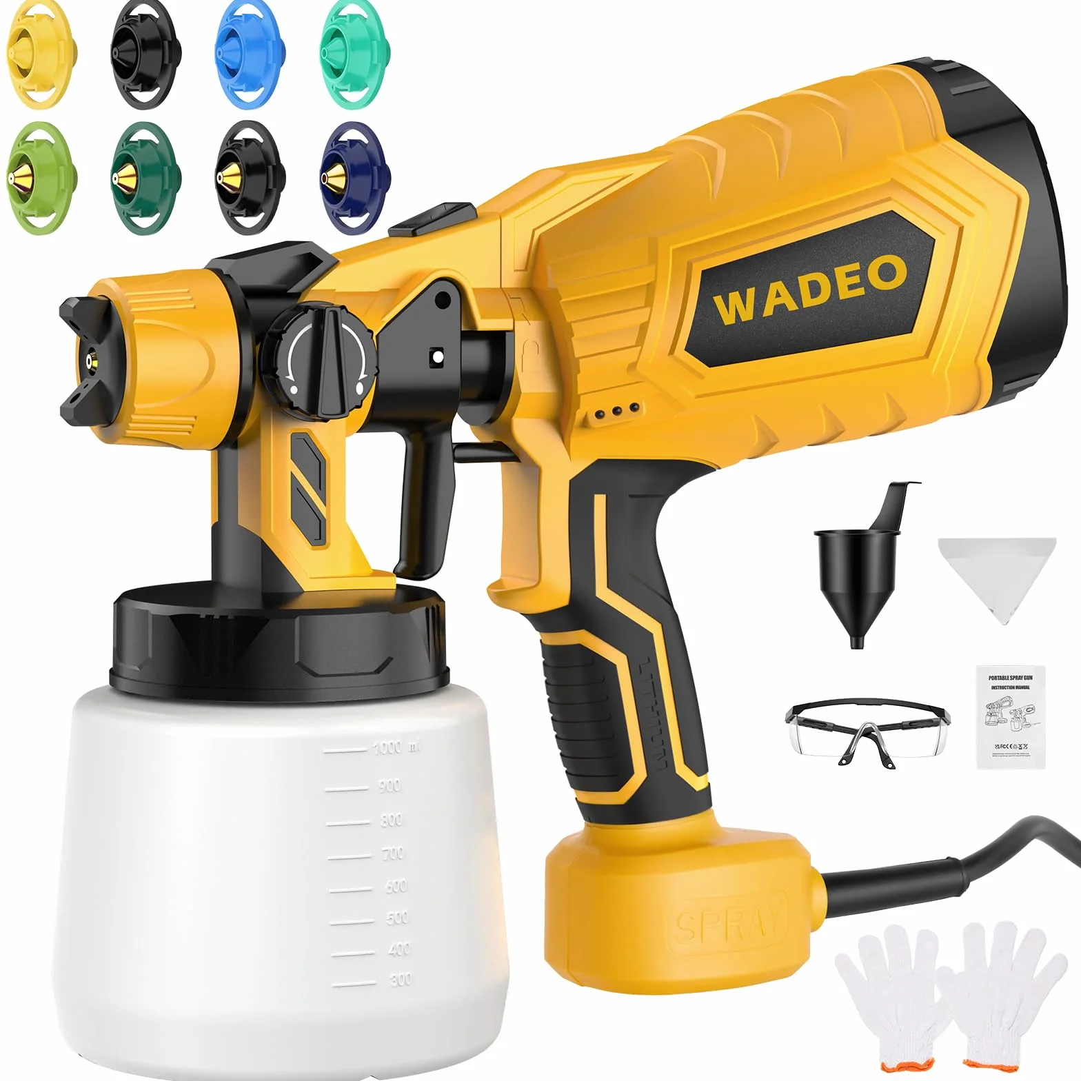 WADEO Pistolet do lakierowania, do użytku domowego, 800 W / 1000 ml, 8 dysz, 3 modele, pistolet natryskowy HVLP do ścian, mebli, bram, sufitu, ogrodu