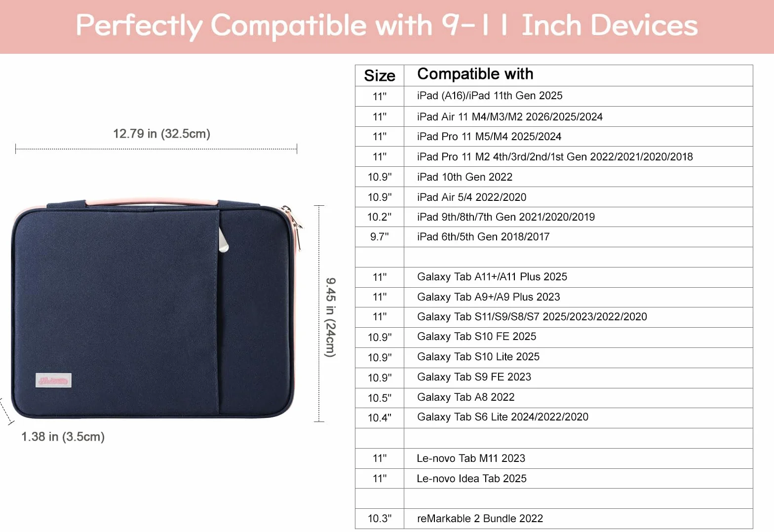 Dadanism Tablet Sleeve Organizer Carrying Case with Handle for iPad 10th Gen 10.9", iPad A16 11" 2025, iPad 9/8/7th 10.2, iPad Air/Pro 11", iPad Air5/4 10.9, Galaxy Tab A9+ Plus 11", Indigo & Pink