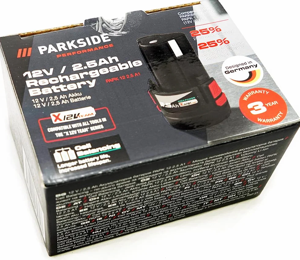 Parkside Performance Set – składający się z akumulatora 12 V 2,5 Ah PAPK 12 2,5 A1 i ładowarki PLGK 12 6.0 A1 - Parkside X12V Team