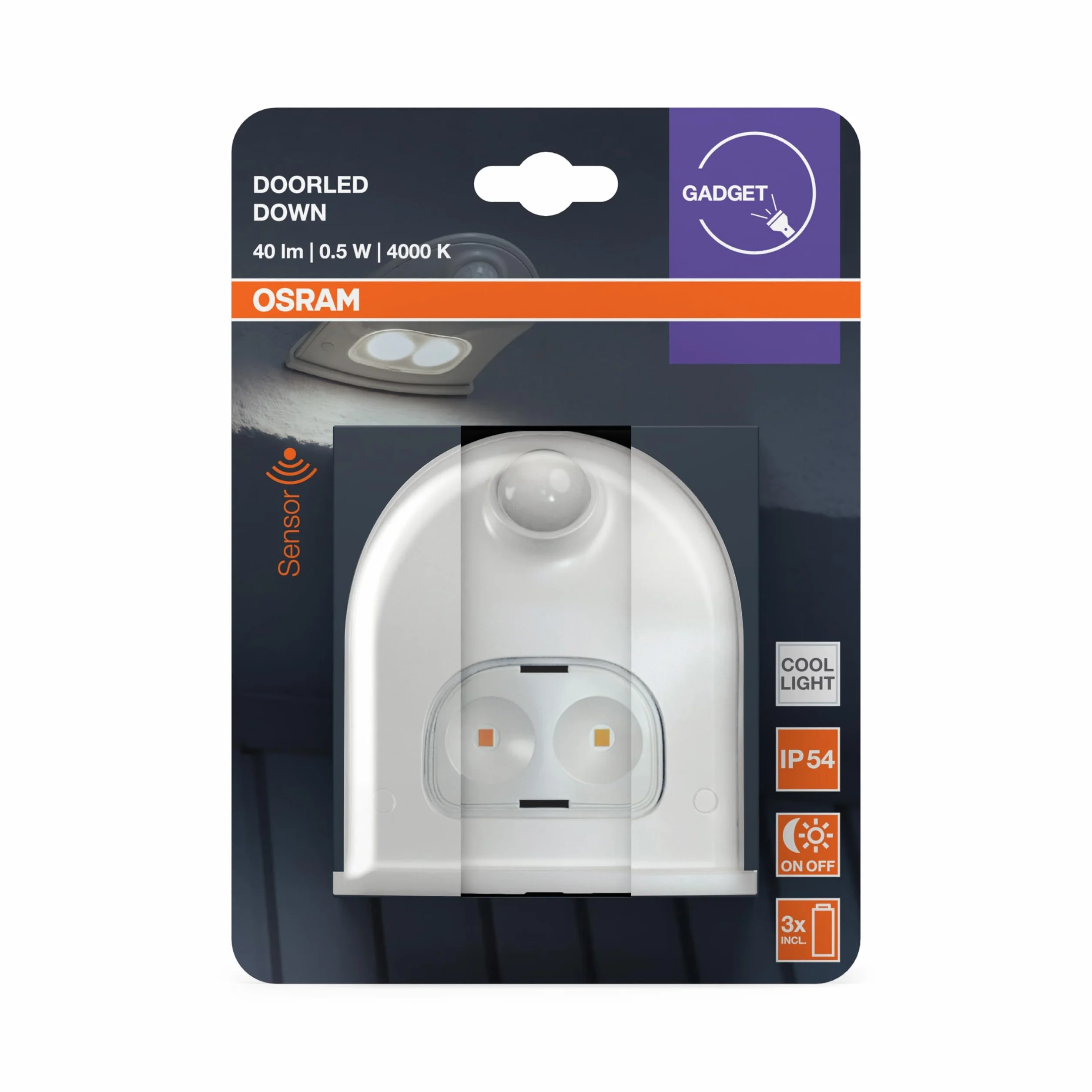 OSRAM Lampa do drzwi z czujnikiem ruchu, zasilana bateryjnie, 4000K, 40lm, 0,95W, IP54, biała, światło skierowane w dół, do stref wejściowych