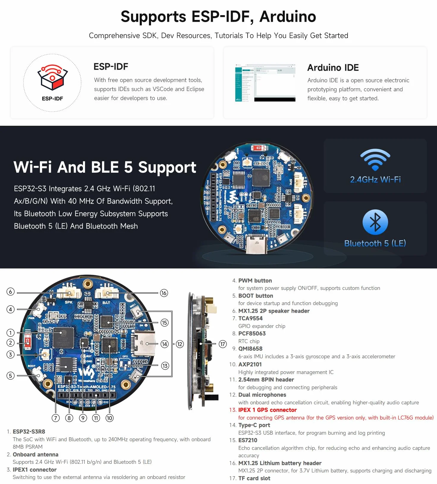 Waveshare ESP32-S3 1.75inch AMOLED Round Touch Display Development Board GPS Version 32-Bit LX7 2-Core 466x466