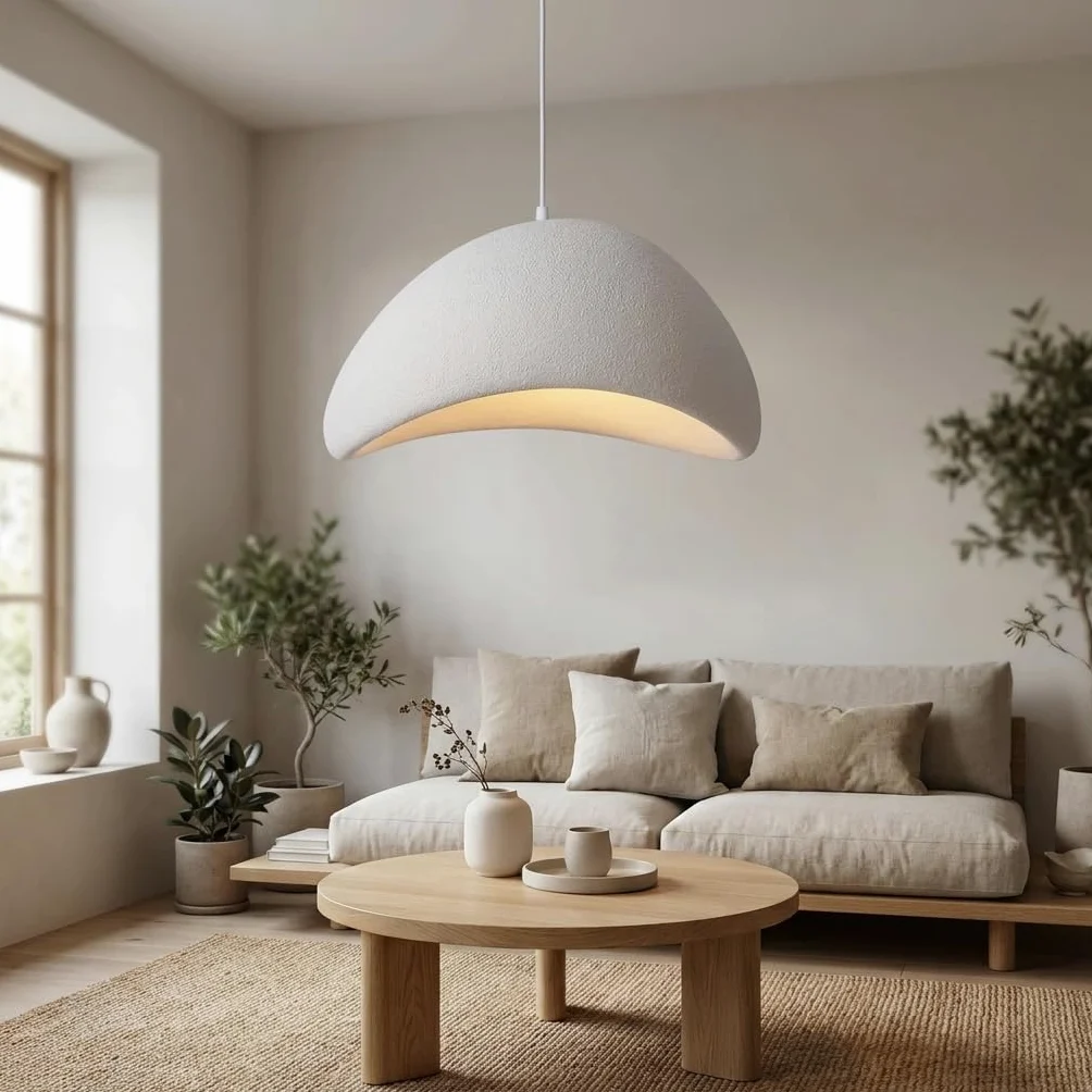 BARCELONA LED Duża Lampa Wisząca Wabi Sabi Ø50cm, Lampa Sufitowa z Teksturowanej Żywicy, Oprawa E27 w Stylu Japandi Boho Minimalistycznym do Salonu, Jadalni i Sypialni