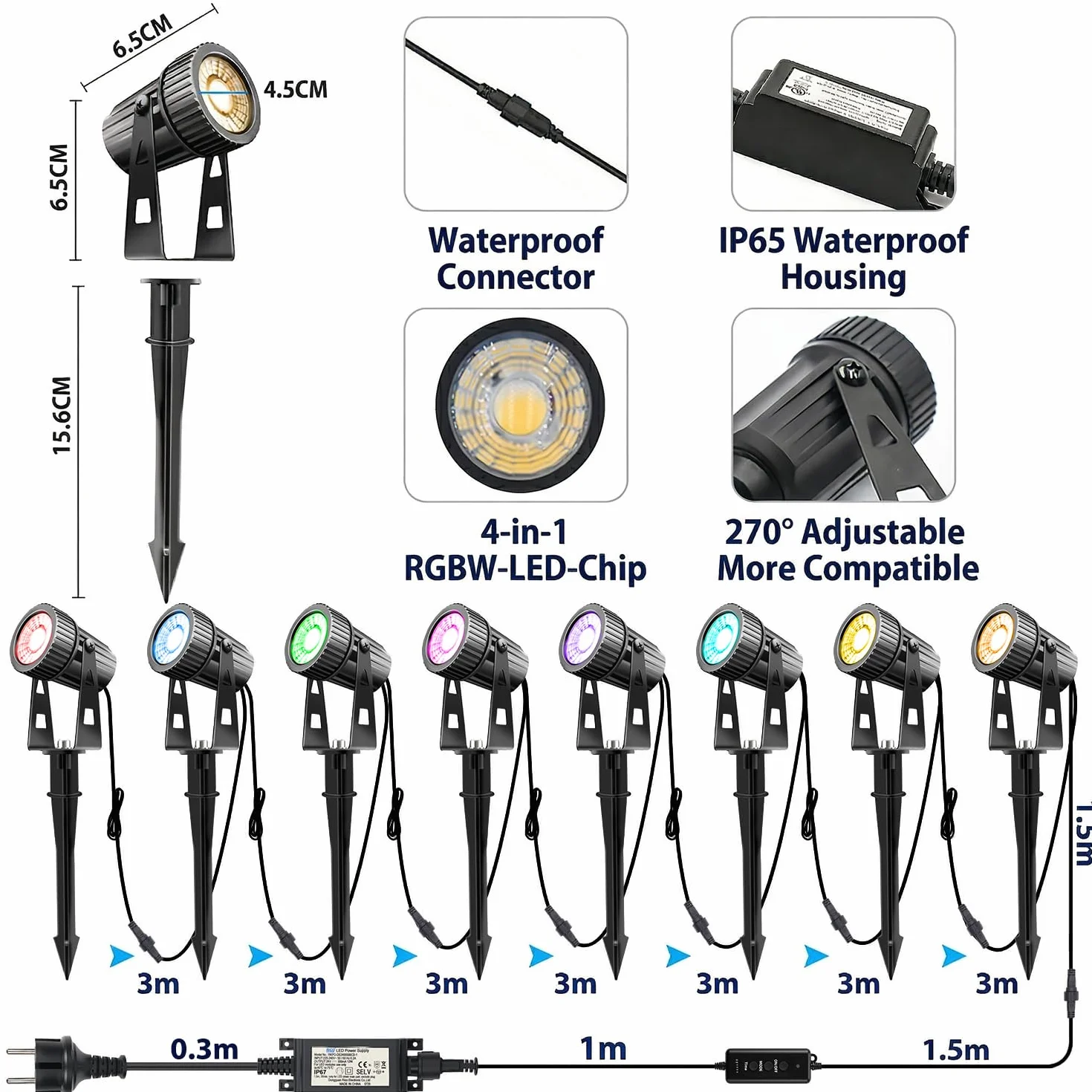 8 lampy ogrodowe LED RGBW, 24V, 24 W ogrodowy, timerem, wtyczką do ziemi i pilotem, stopień ochrony IP65, przeznaczone do trawników, ogrodów i innych przestrzeni zewnętrznych
