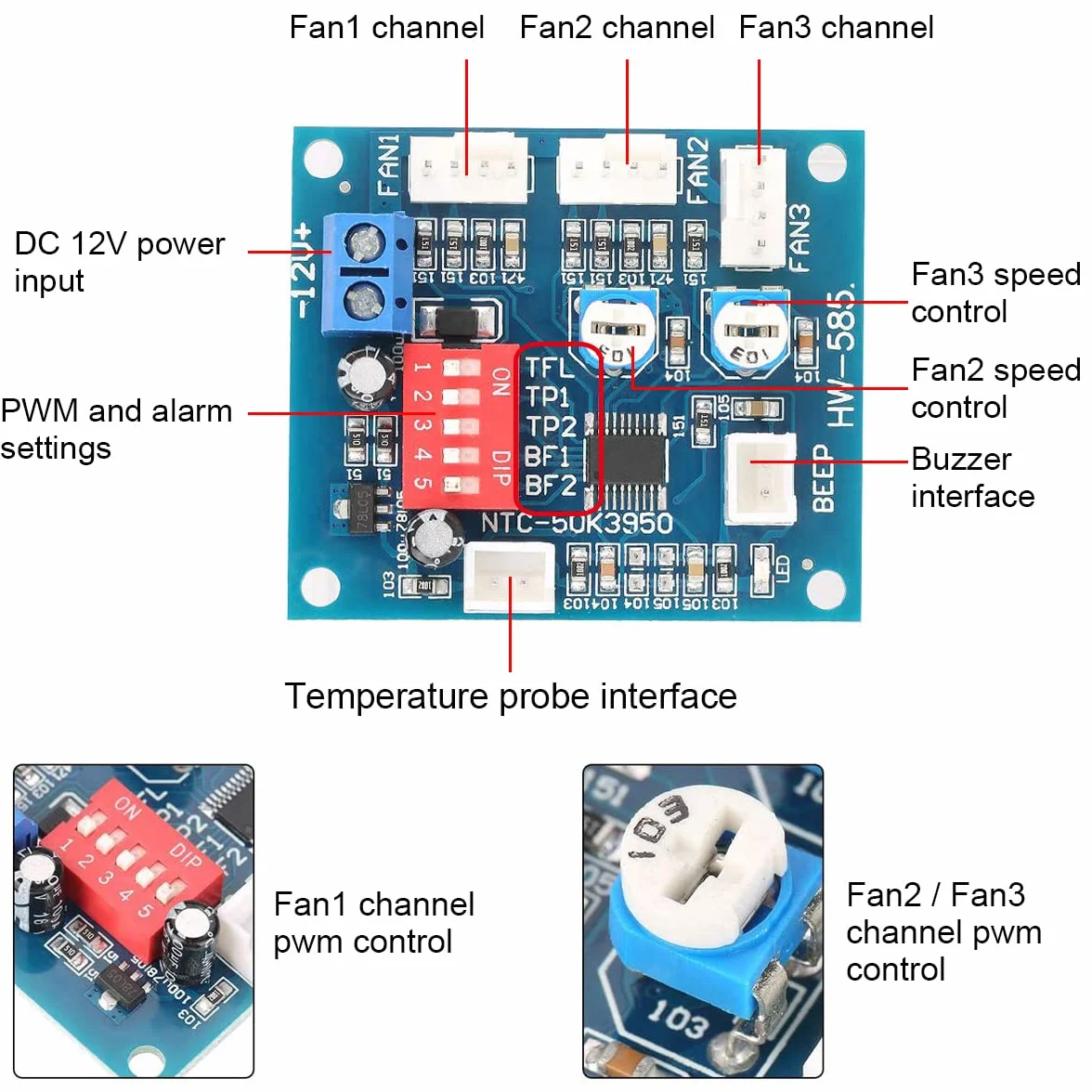 Termostat Moduł wentylatora PWM Wentylator PC Regulator prędkości temperatury Gubernator 4 przewody 3 kanały DC 12 V NTC Czujnik termiczny/brzęczyk