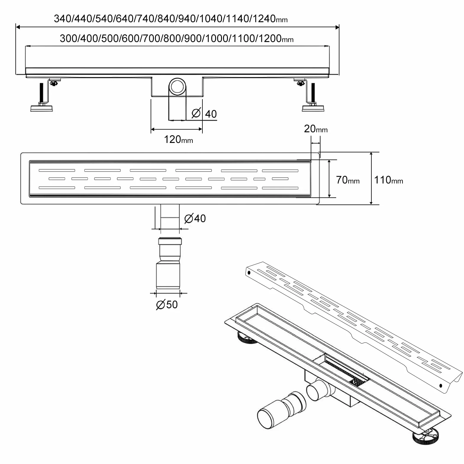 SaniteModar Odpływ łazienkowy liniowy ze stali nierdzewnej 70cm. Panel z otworami liniowymi. Odpływ prysznicowy z syfonem i sitkiem do włosów.