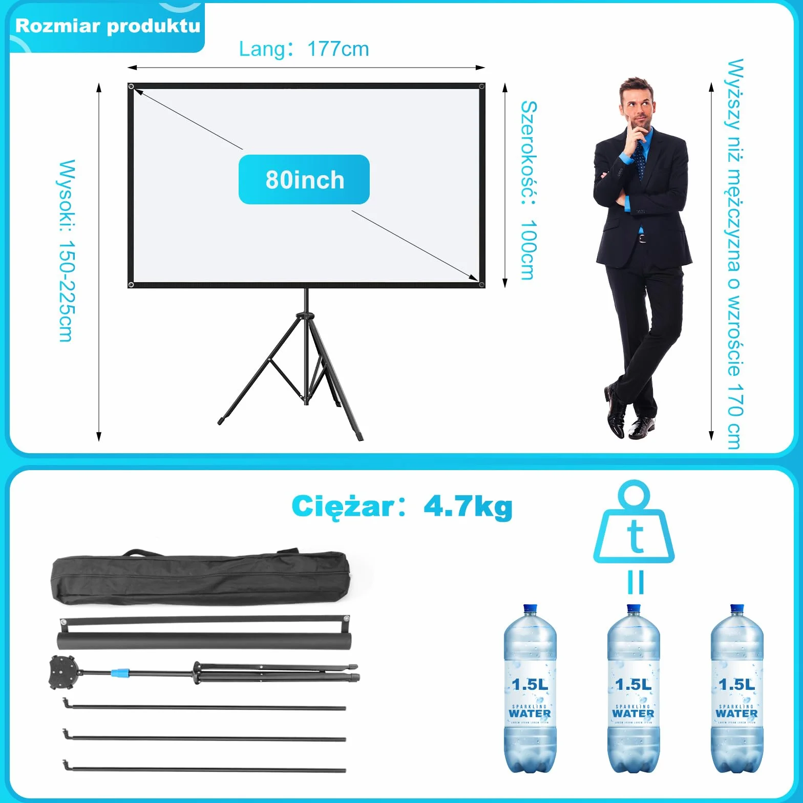 VISULAPEX ALR Ekran Projekcyjny 177x100cm (80") Format 16:9, Kino Domowe HD 4K 3D, Rzutnik Ekran Projekcyjny Ze Statywem, ekran PCV i z włókna szklanego, regulacja wysokości i łatwy montaż