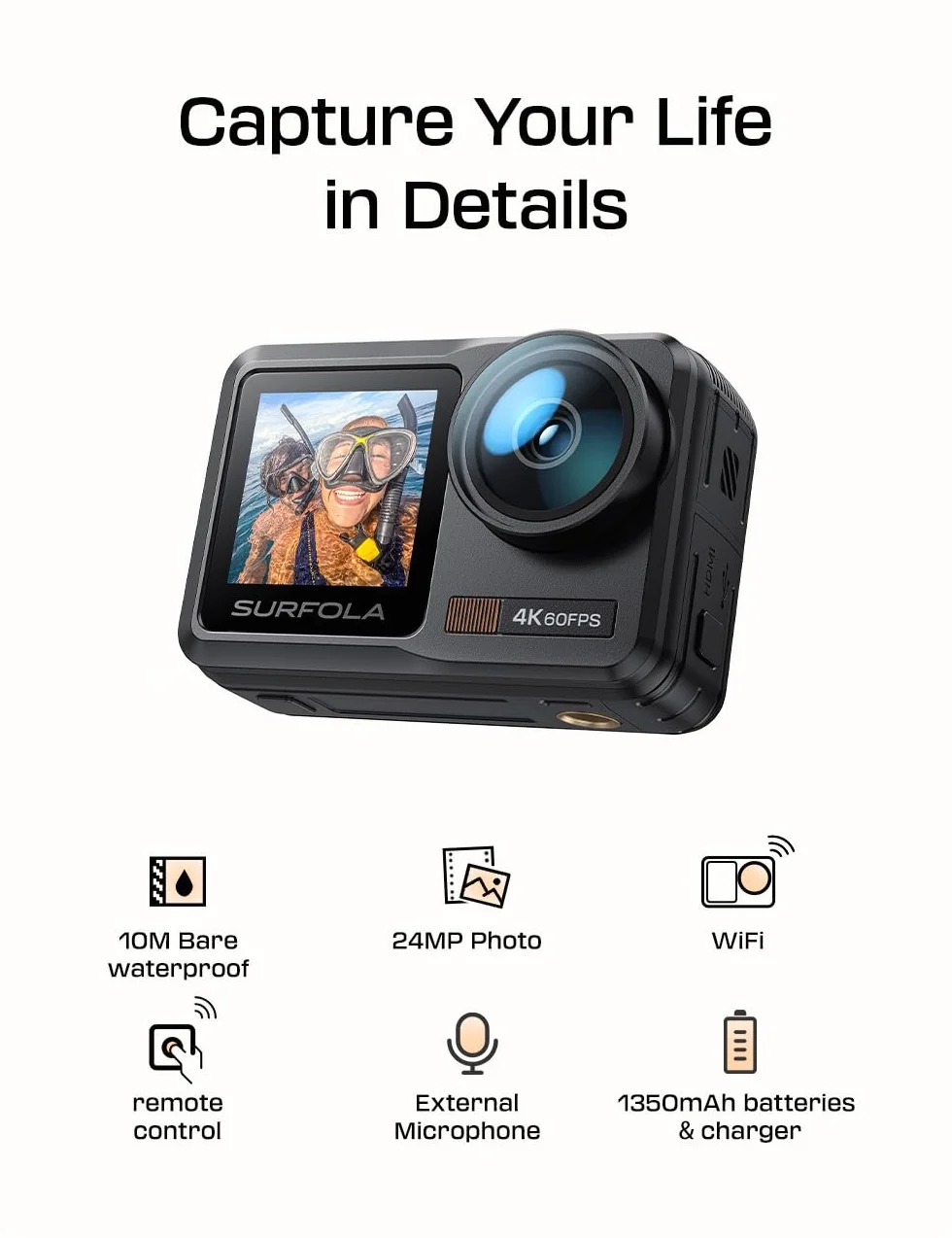 Surfola Action Cam 4K 60FPS, kamera podwodna SF630 40M Bare Metal wodoodporna 10M, WiFi, EIS na kask, kamera z podwójnym ekranem i zewnętrznym mikrofonem, 2 baterie 1350mAh i ładowarka