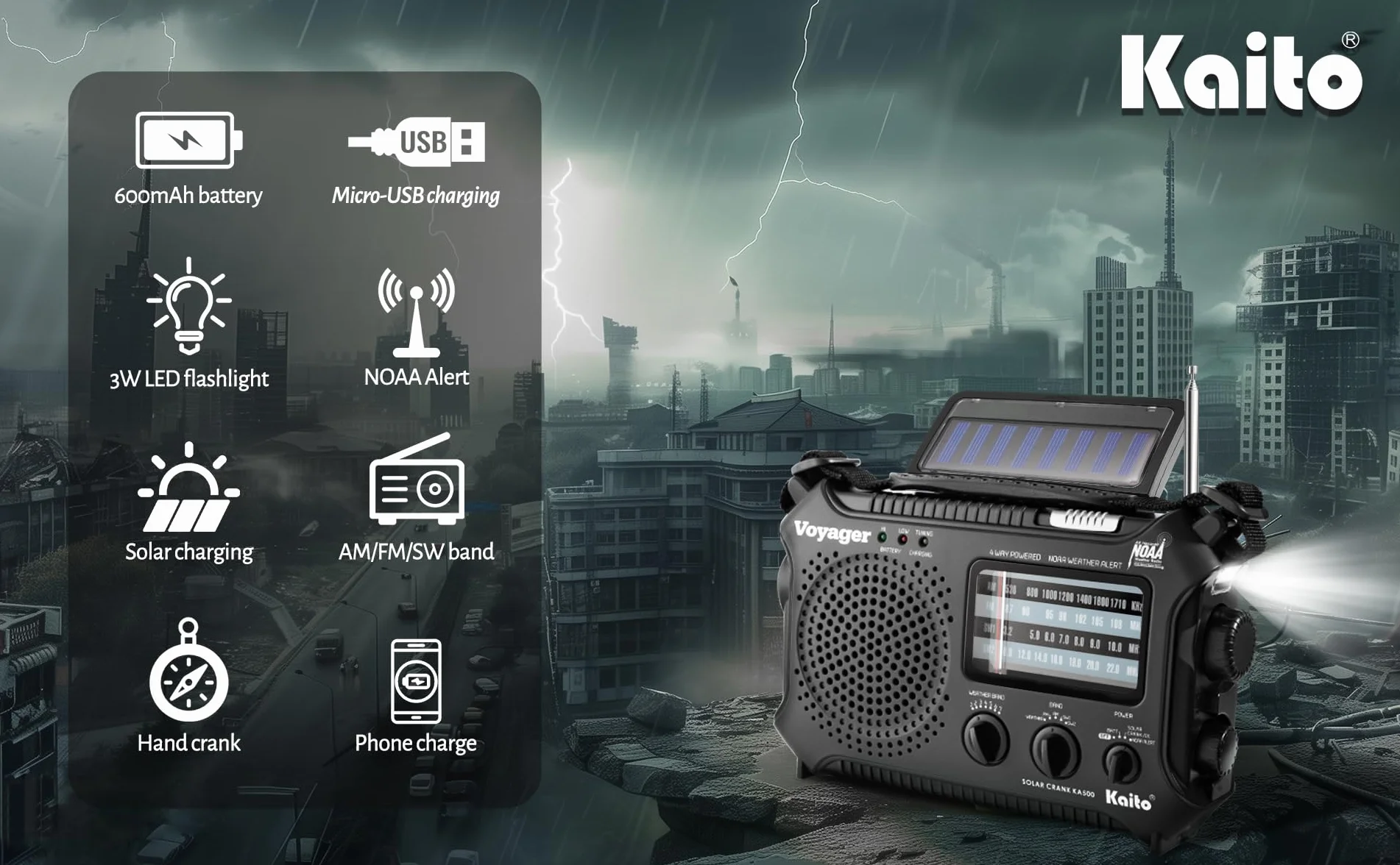 Kaito KA500 5-drożne zasilanie awaryjne AM/FM/SW NOAA radio z alarmem pogodowym z energią słoneczną, korbą dynamo, latarką i lampą do czytania, kolor czarny