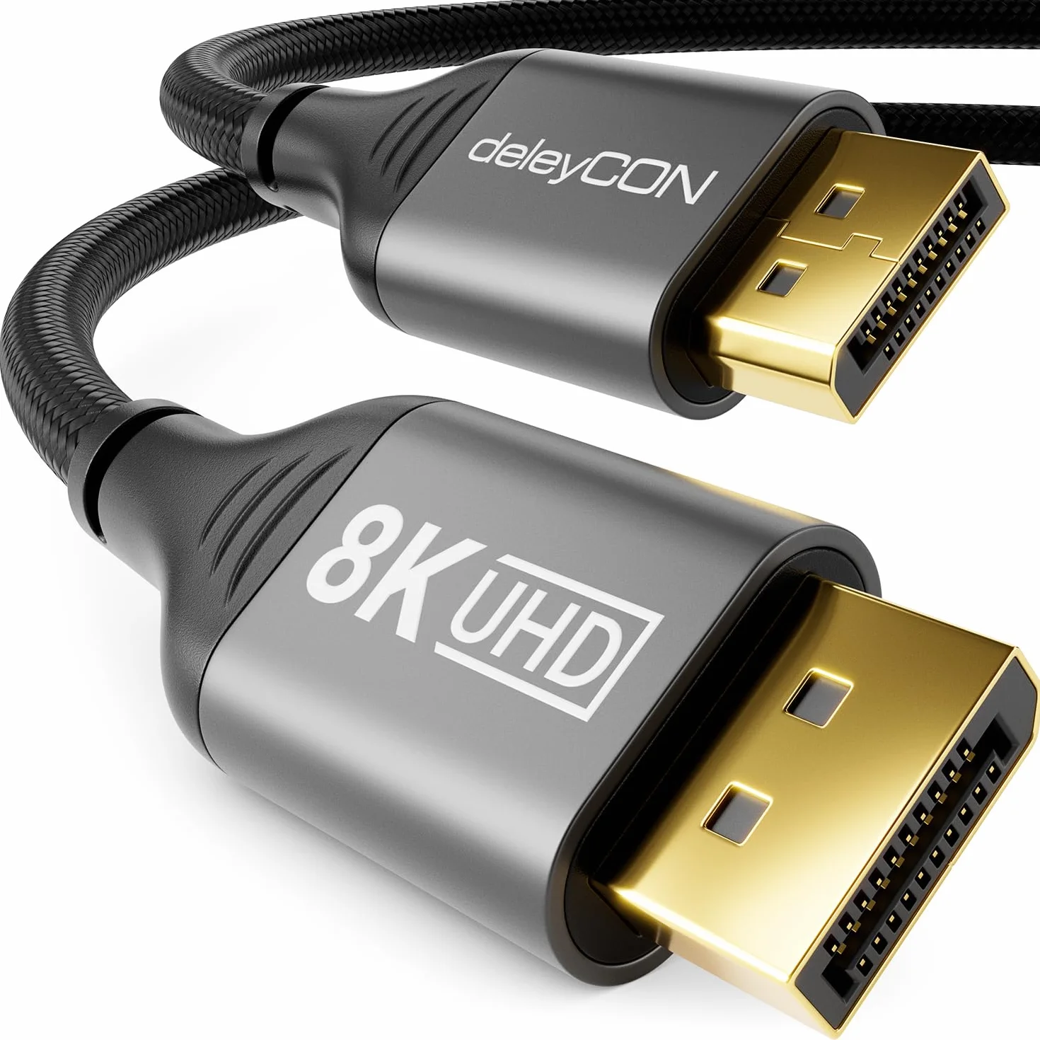 deleyCON 3,0m 8K Kabel DisplayPort (8K@60Hz 4K@165Hz 2K@360Hz) UHD WQHD HDR HDCP 2.2 DisplayPort - AMD FreeSync NVIDIA G-Sync - Idealny do Monitora do Gier i DisplayPort - Szaro-Czarny