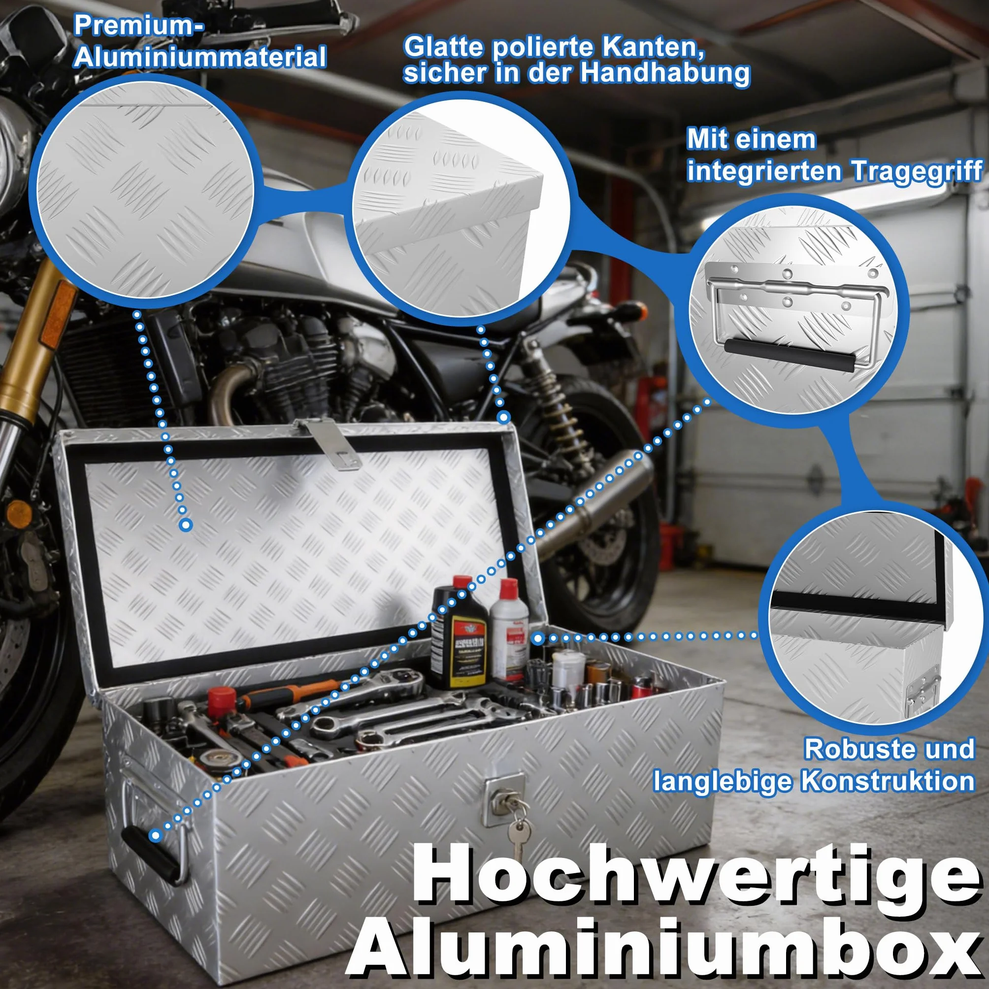 ACXIN Pudełko do przechowywania, aluminiowe pudełko na narzędzia, 600 x 260 x 200 mm, aluminiowa skrzynka na narzędzia z zamkiem i 2 kluczami, wytrzymała, zamykana skrzynka na dyszel, stabilna i