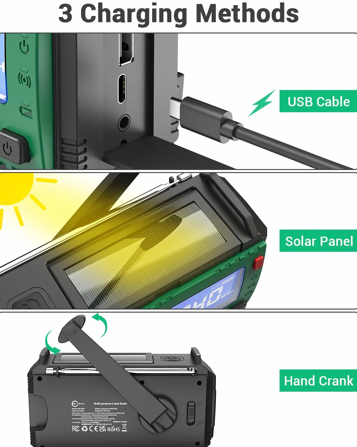 Esky 10000 mAh radio awaryjne AM/FM z powerbankiem, latarką, lampą do czytania, alarmem SOS i kompasem, ładowanie USB/słoneczne/korbą ręczną