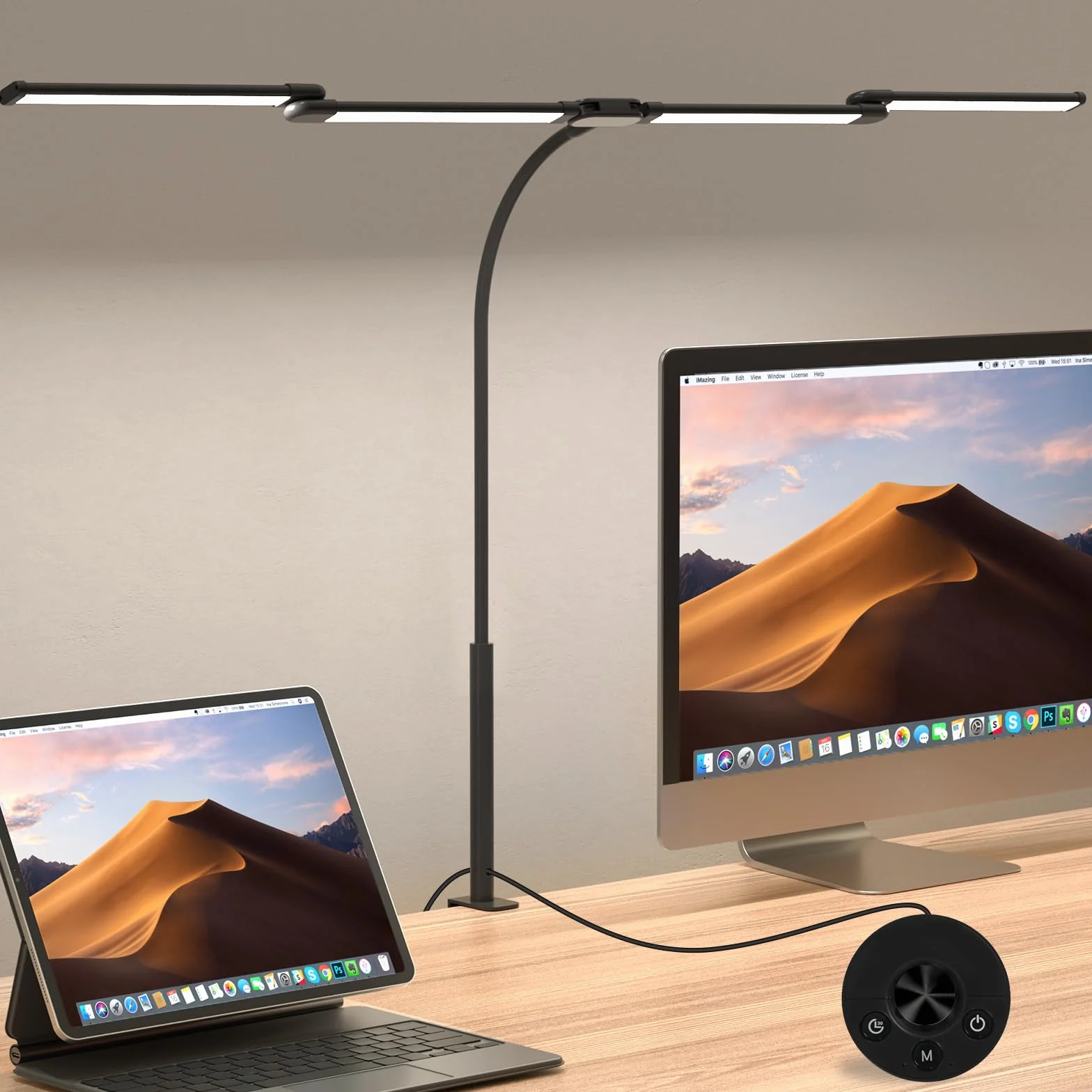 Comely Lampa biurkowa LED z możliwością ściemniania 24 W, 120 cm, 2750 lm, 4 biurka LED z 5 temperaturami światła, lampa biurkowa z 10 ustawieniami jasności, lampa biurkowa z zaciskiem, czarna